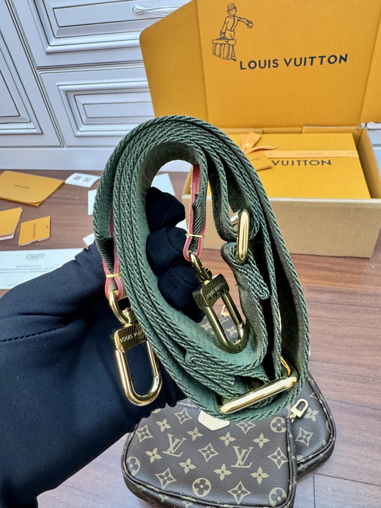特級芯片 LOUIS VUITTON Multi Pochette LV 链条老花五合一组合包帆布拼皮麻将包 斜挎包 单肩包 腋下包 女款 卡其绿 M44813 