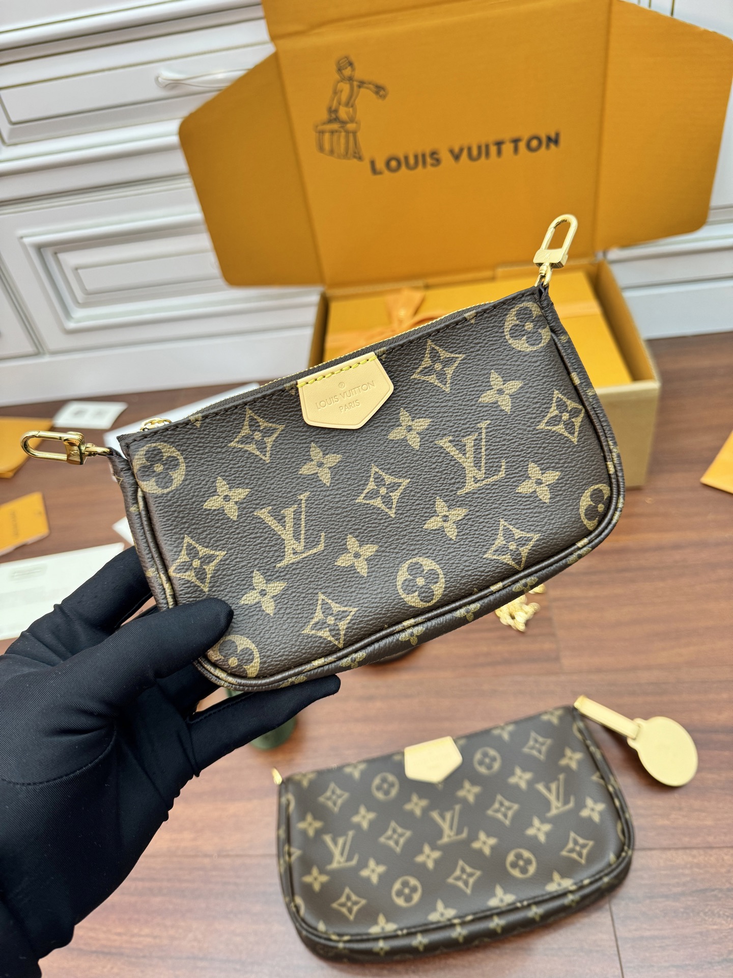 特級芯片 LOUIS VUITTON Multi Pochette LV 链条老花五合一组合包帆布拼皮麻将包 斜挎包 单肩包 腋下包 女款 卡其绿 M44813 