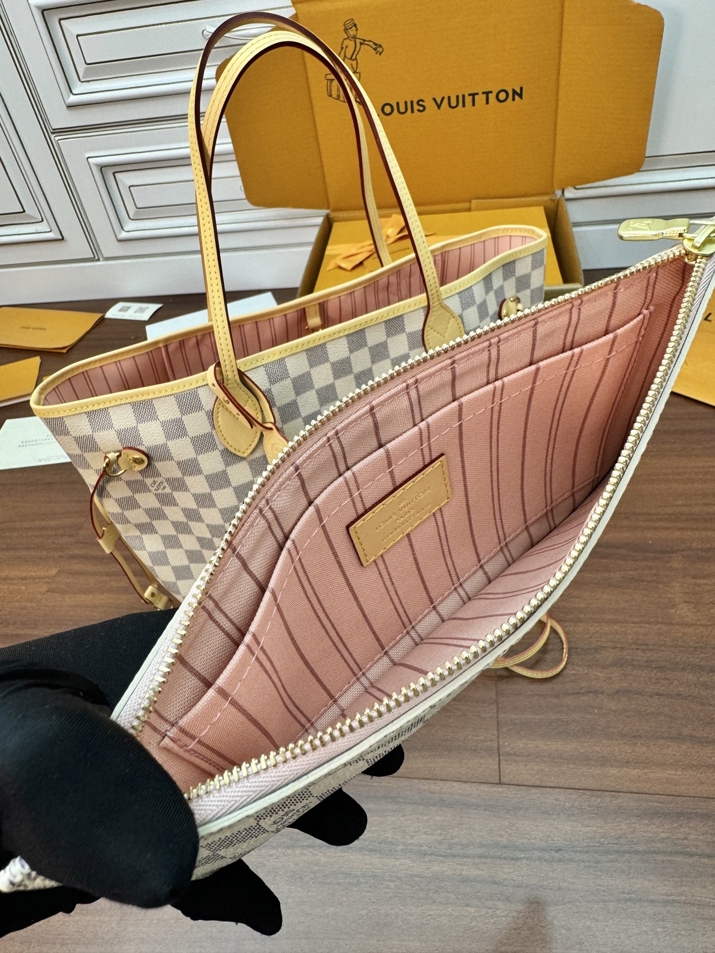特級芯片 LOUIS VUITTON NEVERFULL MM LV 路易威登  牛皮革 斜挎包 单肩包 双肩包 水桶 手提包 白色格子 N40603