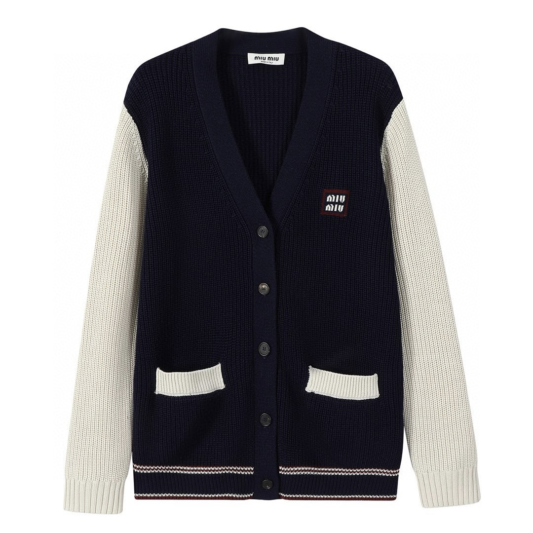 MIU MIU 缪缪 微标撞色羊绒开衫 长袖  外套 蓝色B0 MMF933-1582-F056H-S-OOO