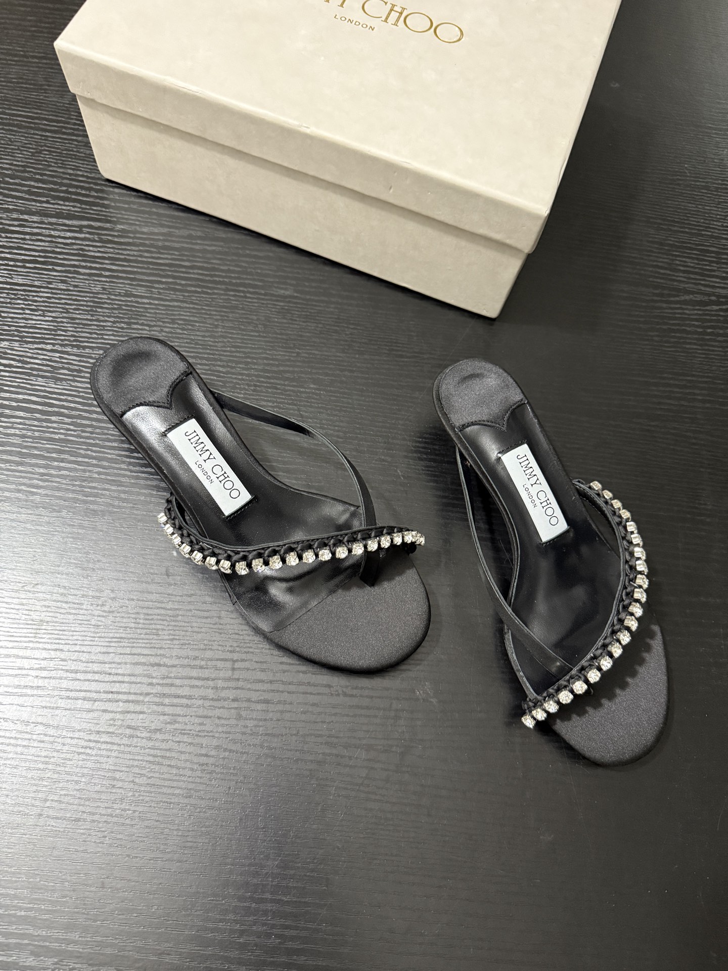 JIMMY CHOO JC  水晶 夹脚高跟 人字拖鞋 女士休闲鞋  女款 3.5CM 黑色B5 DILA35GZM
