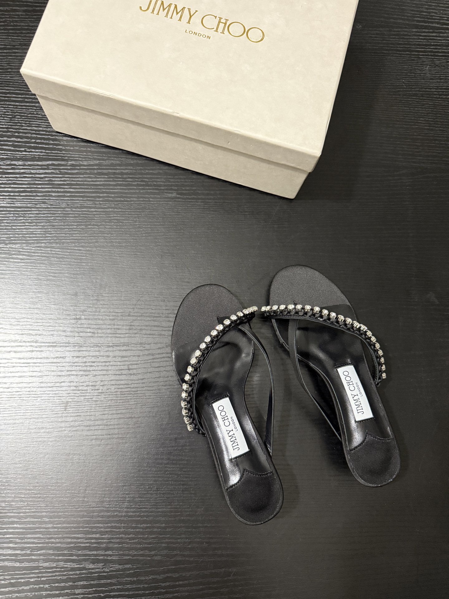 JIMMY CHOO JC  水晶 夹脚高跟 人字拖鞋 女士休闲鞋  女款 3.5CM 黑色B5 DILA35GZM