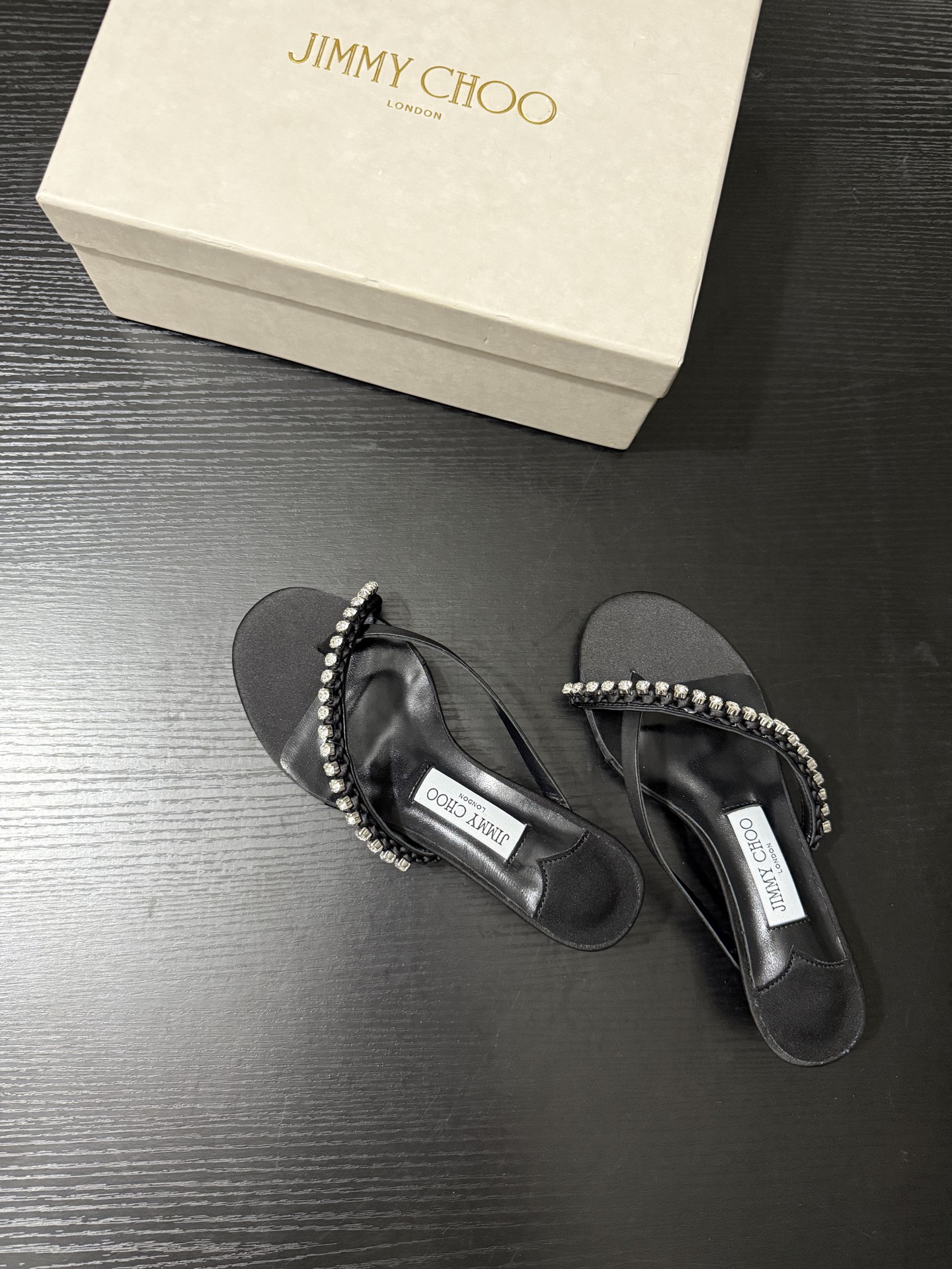 JIMMY CHOO JC  水晶 夹脚高跟 人字拖鞋 女士休闲鞋  女款 3.5CM 黑色B5 DILA35GZM