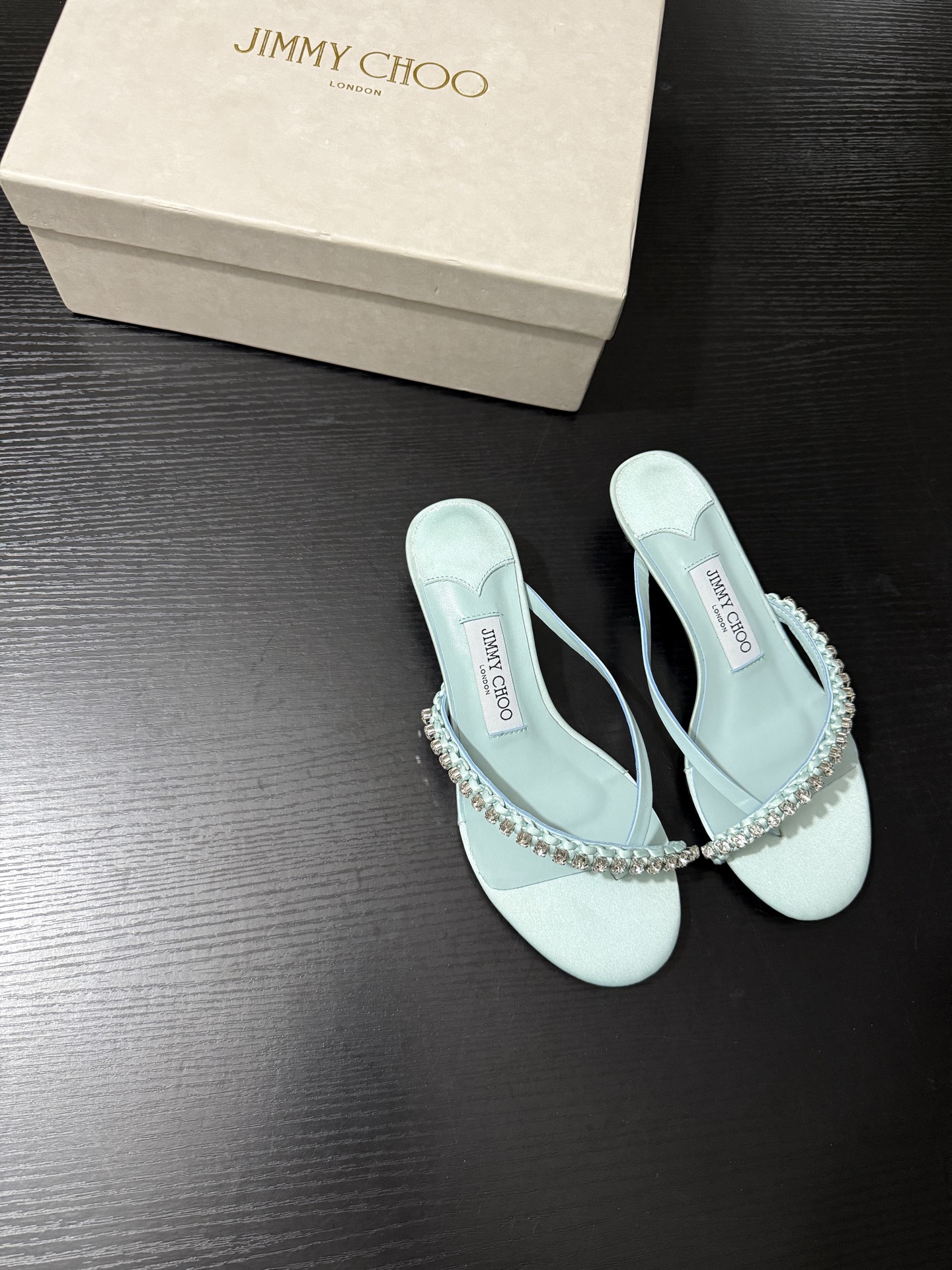 JIMMY CHOO JC  水晶 夹脚高跟 人字拖鞋 女士休闲鞋  女款 3.5CM 浅碧绿B5 DILA35GZM 