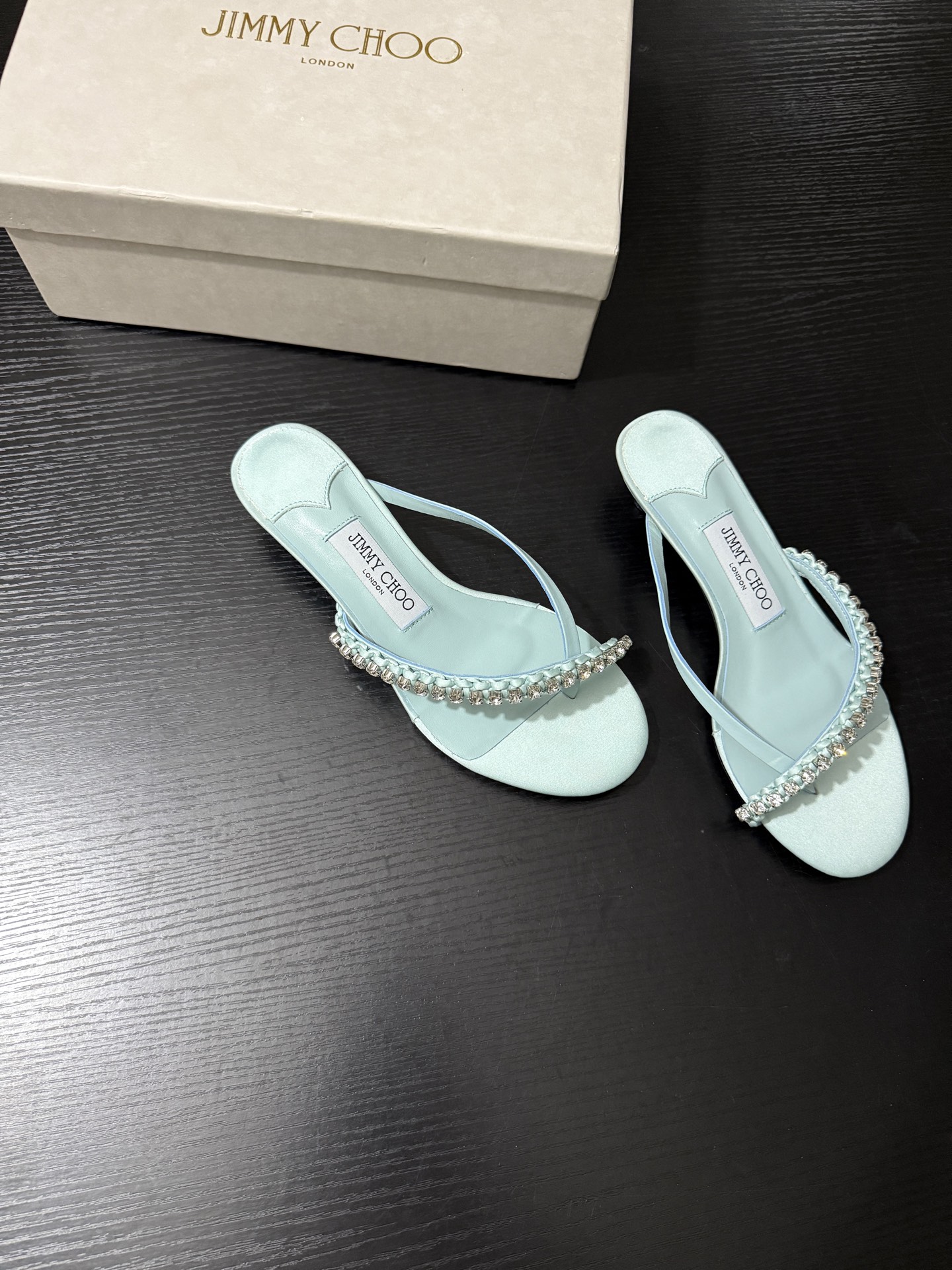 JIMMY CHOO JC  水晶 夹脚高跟 人字拖鞋 女士休闲鞋  女款 3.5CM 浅碧绿B5 DILA35GZM 