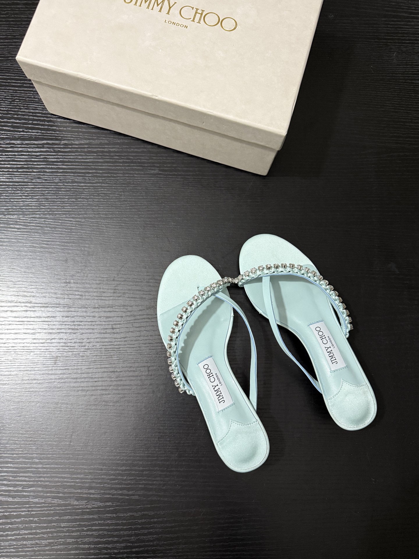 JIMMY CHOO JC  水晶 夹脚高跟 人字拖鞋 女士休闲鞋  女款 3.5CM 浅碧绿B5 DILA35GZM 