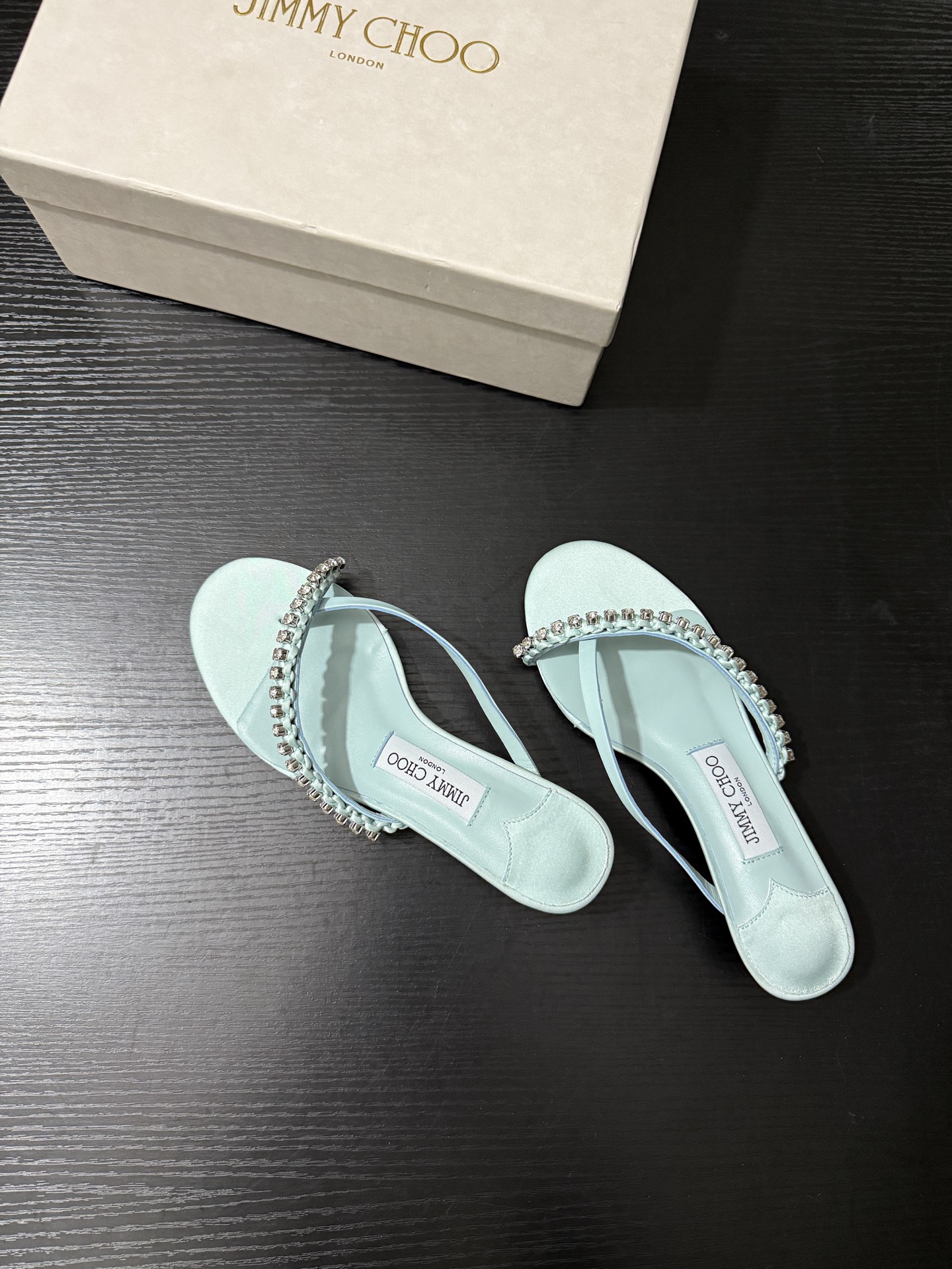 JIMMY CHOO JC  水晶 夹脚高跟 人字拖鞋 女士休闲鞋  女款 3.5CM 浅碧绿B5 DILA35GZM 