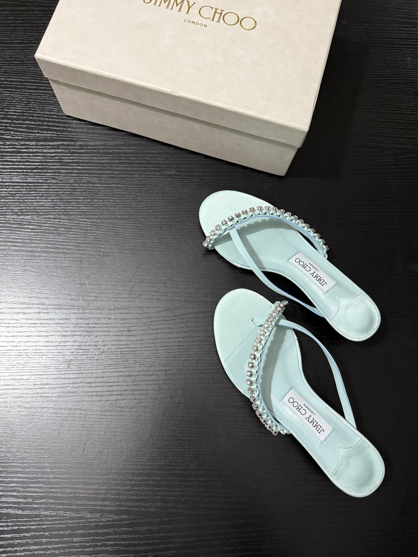 JIMMY CHOO JC  水晶 夹脚高跟 人字拖鞋 女士休闲鞋  女款 3.5CM 浅碧绿B5 DILA35GZM 