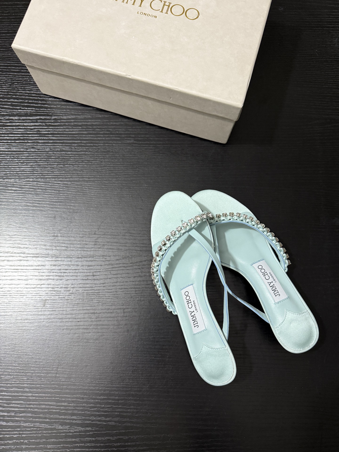 JIMMY CHOO JC  水晶 夹脚高跟 人字拖鞋 女士休闲鞋  女款 3.5CM 浅碧绿B5 DILA35GZM 