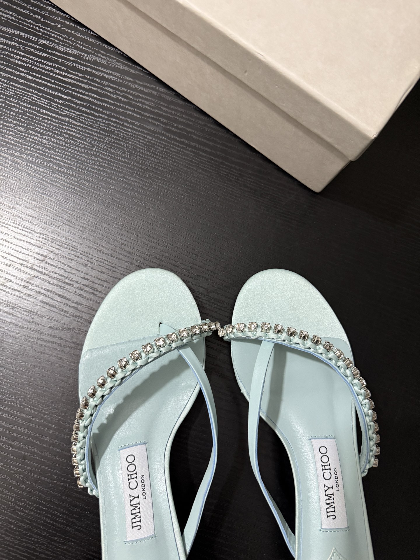 JIMMY CHOO JC  水晶 夹脚高跟 人字拖鞋 女士休闲鞋  女款 3.5CM 浅碧绿B5 DILA35GZM 