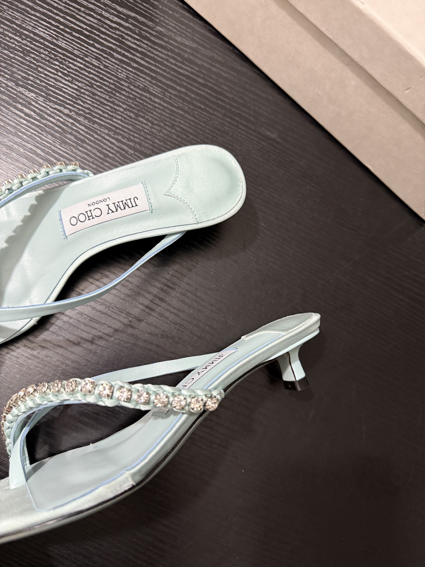 JIMMY CHOO JC  水晶 夹脚高跟 人字拖鞋 女士休闲鞋  女款 3.5CM 浅碧绿B5 DILA35GZM 