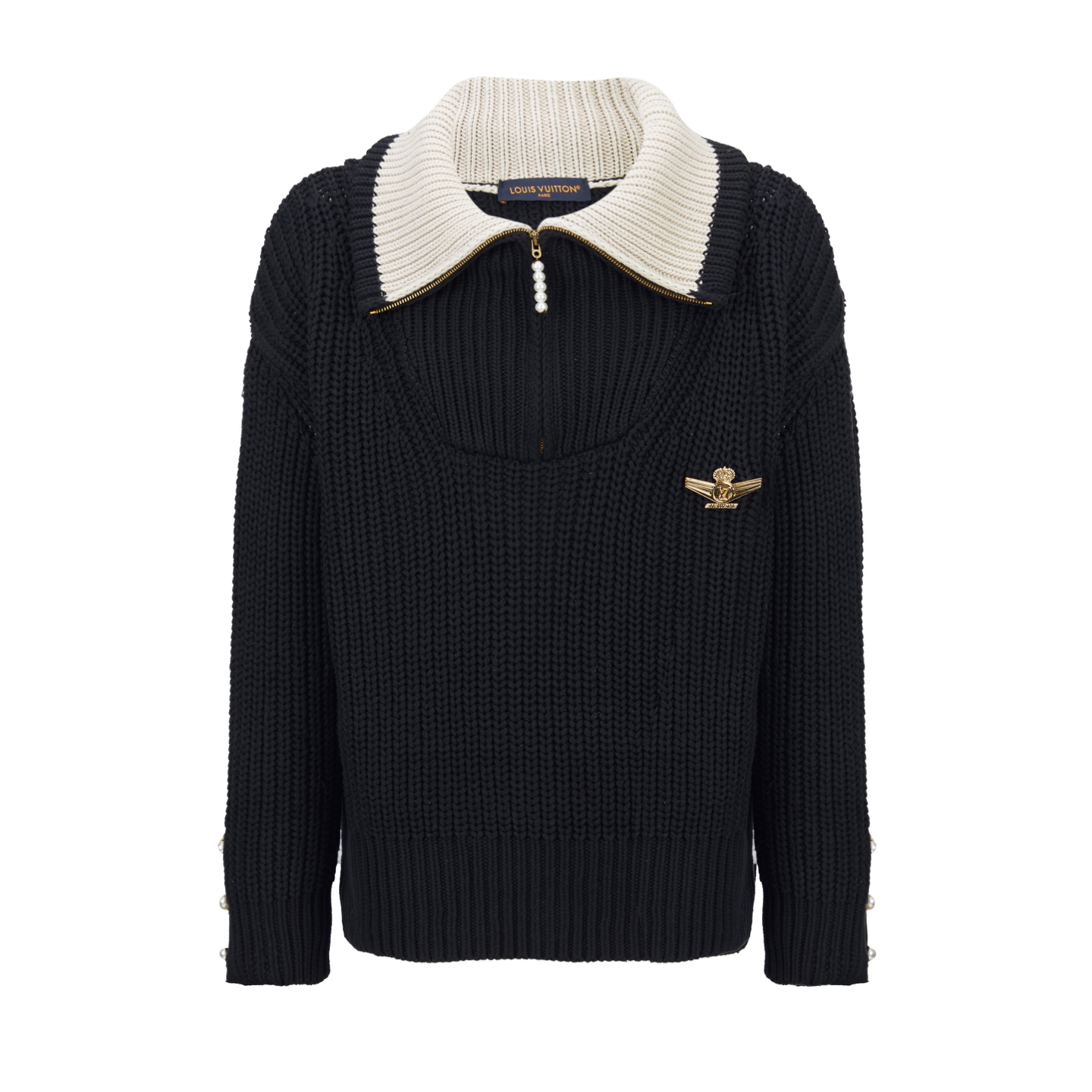 LOUIS VUITTON 路易威登 Logo徽标珍珠半拉链针织衫 毛衣 外套 黑色色 C0 1AHC13