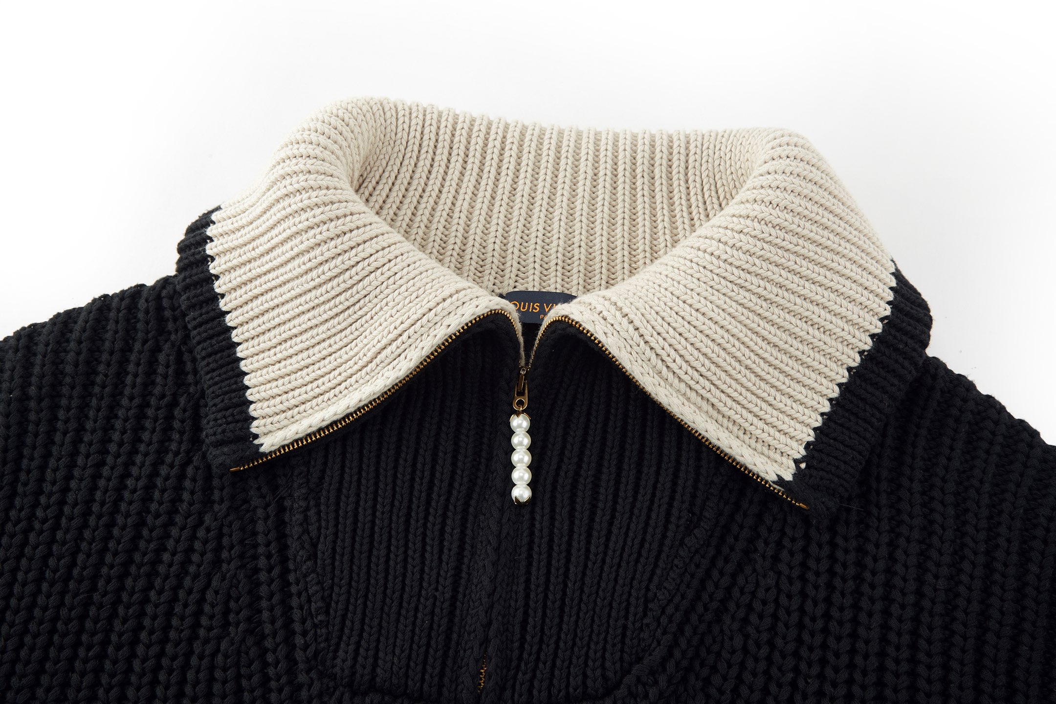 LOUIS VUITTON 路易威登 Logo徽标珍珠半拉链针织衫 毛衣 外套 黑色色 C0 1AHC13