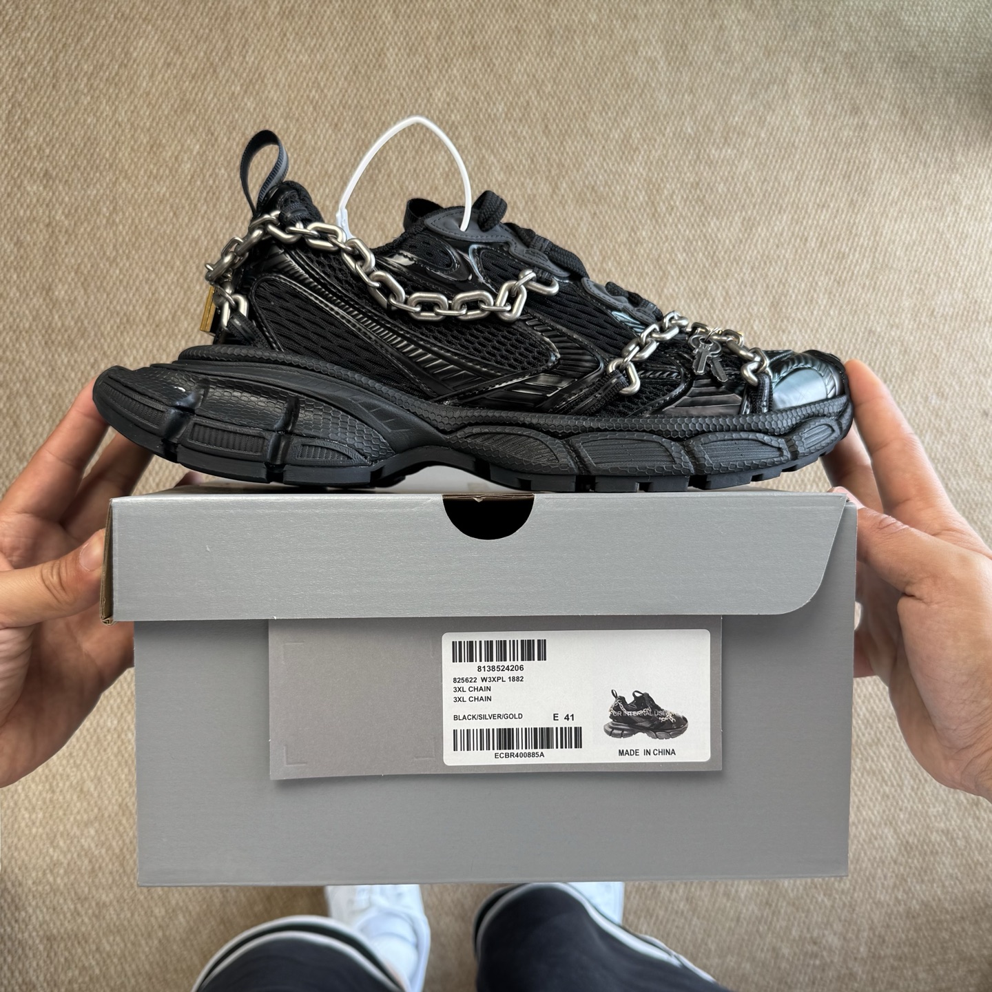 Balenciaga 巴黎世家 3XL链条挂锁 綁帶 网布 系带 做旧 低筒 老爹鞋 运动 复古板鞋 休闲鞋 男鞋 女鞋 黑色   825622W3XPL1882