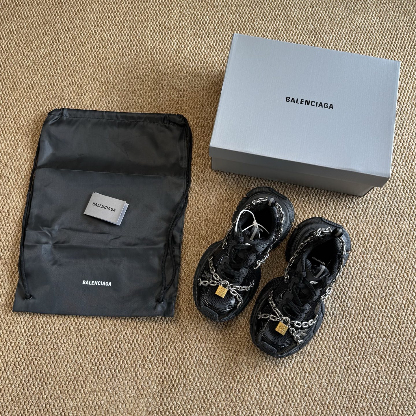 Balenciaga 巴黎世家 3XL链条挂锁 綁帶 网布 系带 做旧 低筒 老爹鞋 运动 复古板鞋 休闲鞋 男鞋 女鞋 黑色   825622W3XPL1882