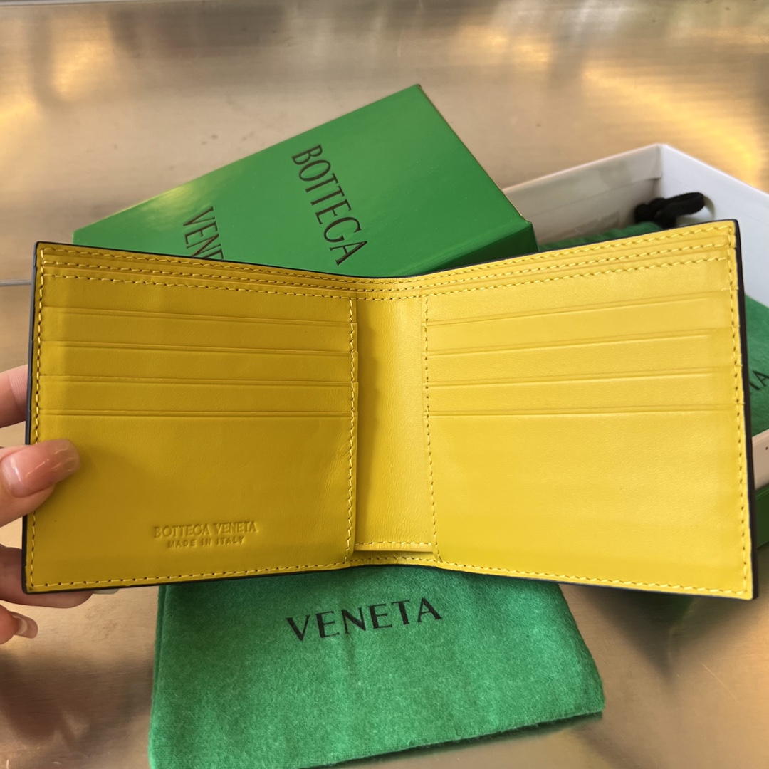 BV 葆蝶 编织双折 双面色 Intrecciato 牛皮革 短夹 长夹 钱包 男款 黑黄色B5 605721VCPQ68860