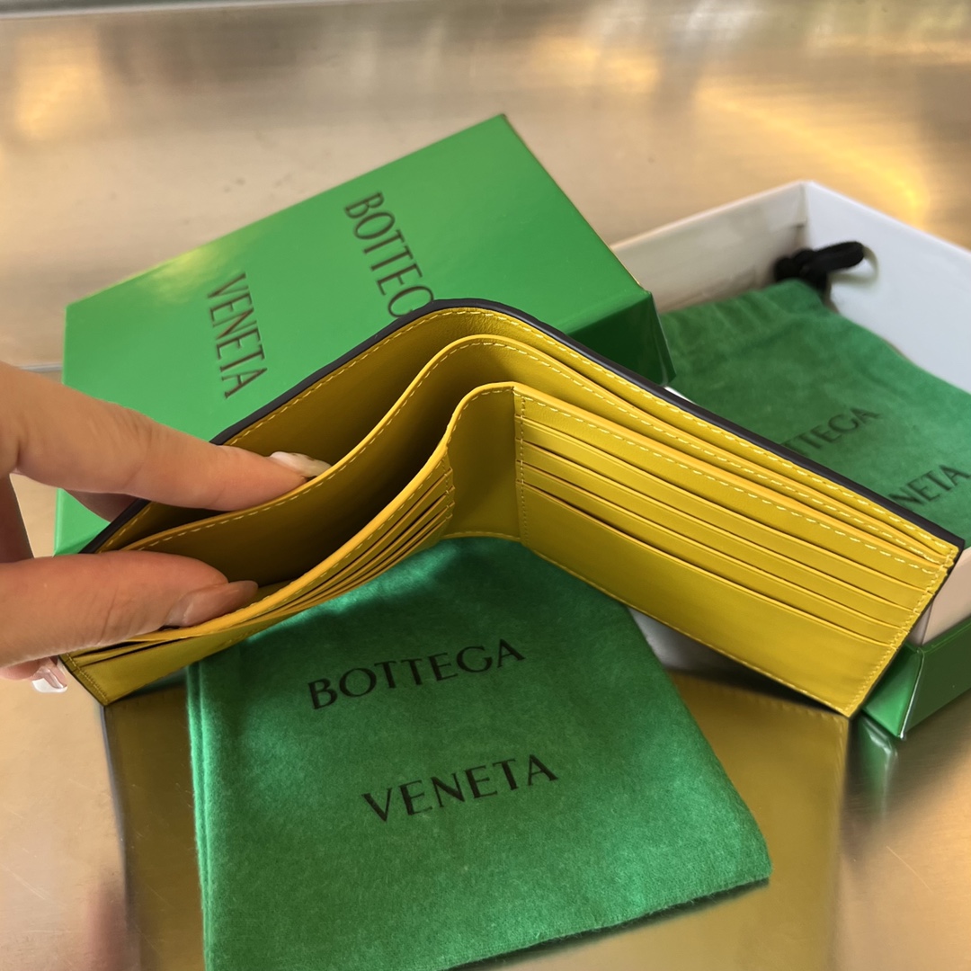 BV 葆蝶 编织双折 双面色 Intrecciato 牛皮革 短夹 长夹 钱包 男款 黑黄色B5 605721VCPQ68860