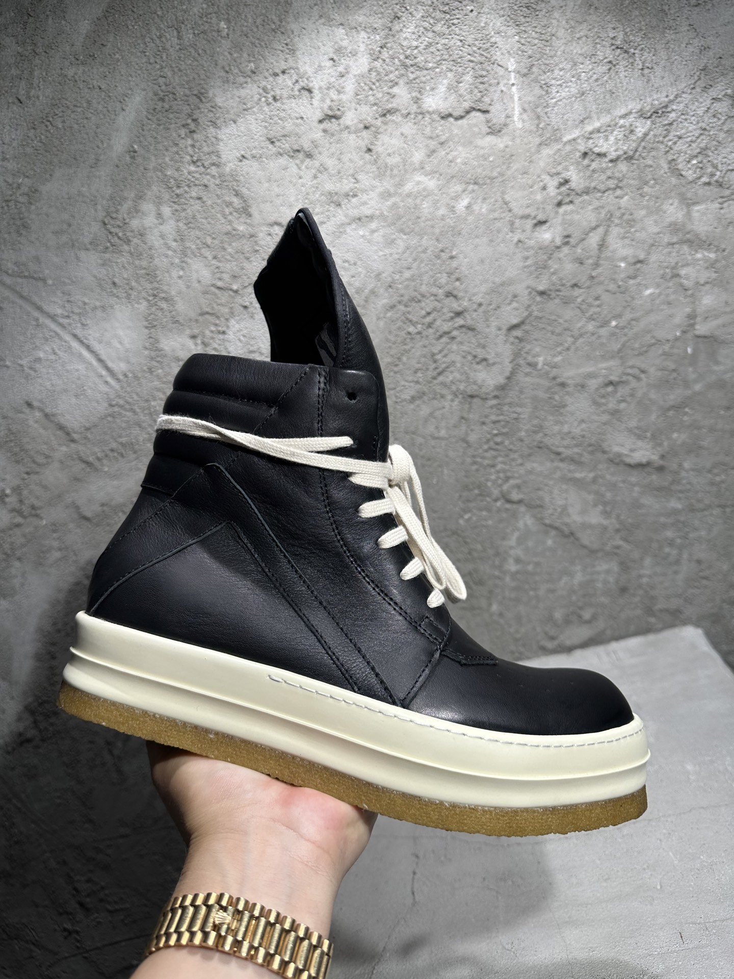 RICK OWENS RO  厚底 板鞋 休闲鞋 男鞋 女鞋 波鞋  皮質 倒三角 七孔黑色 生胶底  RU02E1801LCO-91