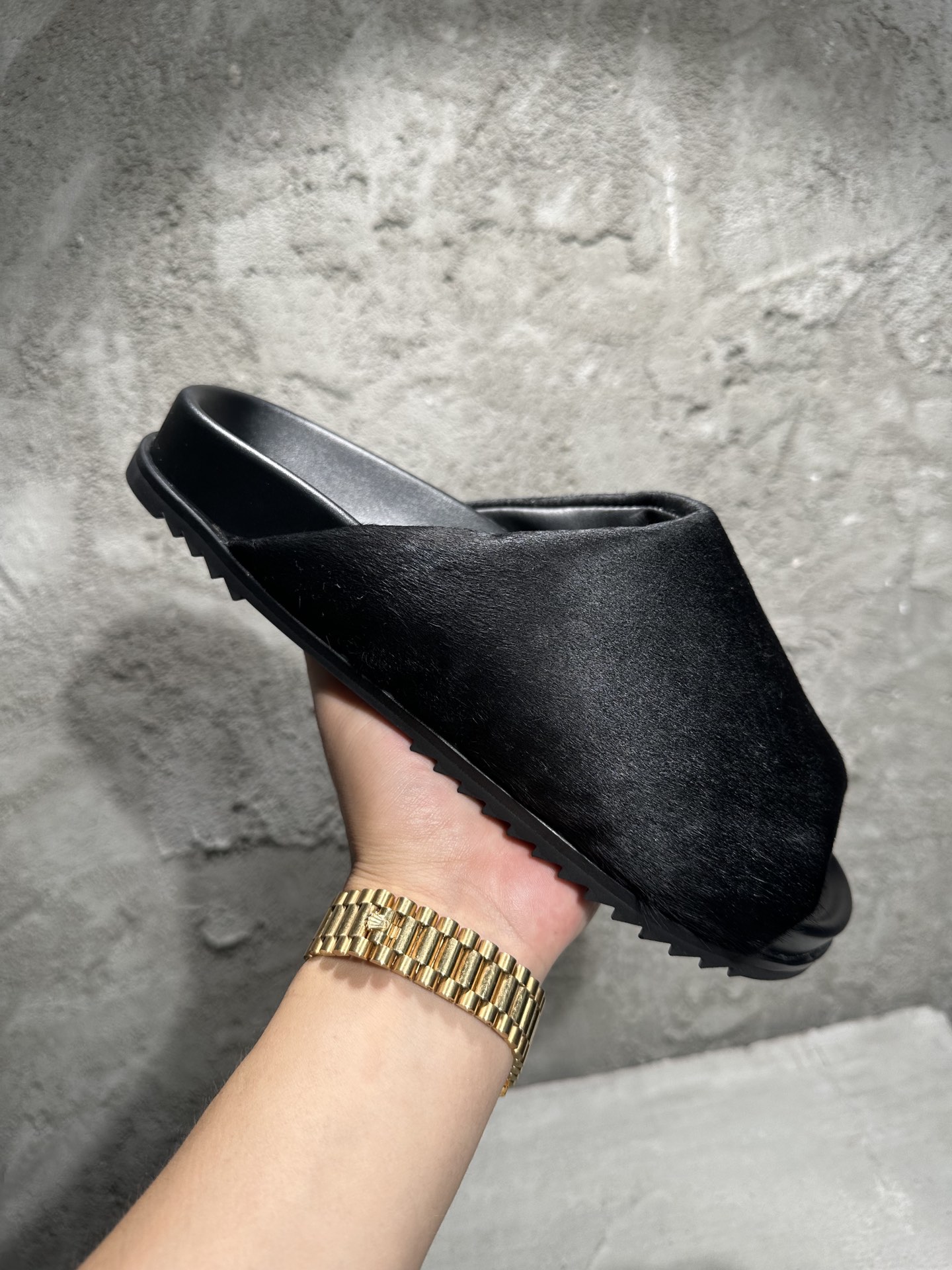 RICK OWENS RO  EVA 厚底 板鞋 休闲鞋 男鞋 女鞋 波鞋  皮質 拖鞋  毛 黑色 RU02C7818LCF-09