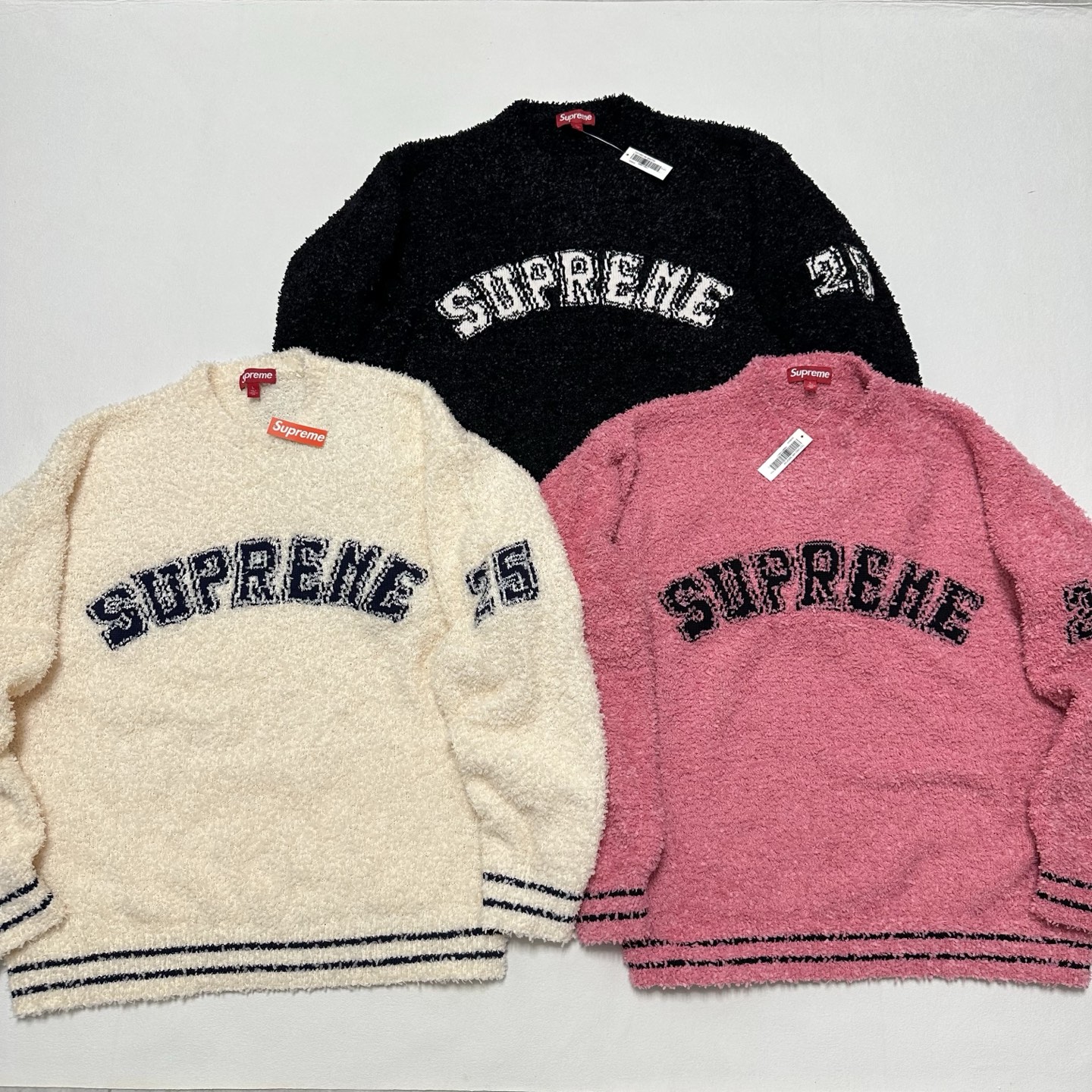 SupremeSS25 WEEK5 Textured Arc Sweater 弧形logo毛绒舒适美式潮流毛衣 秋衣 长袖T恤 男女同款 黑色 粉色 白色 SUP-SS25-109