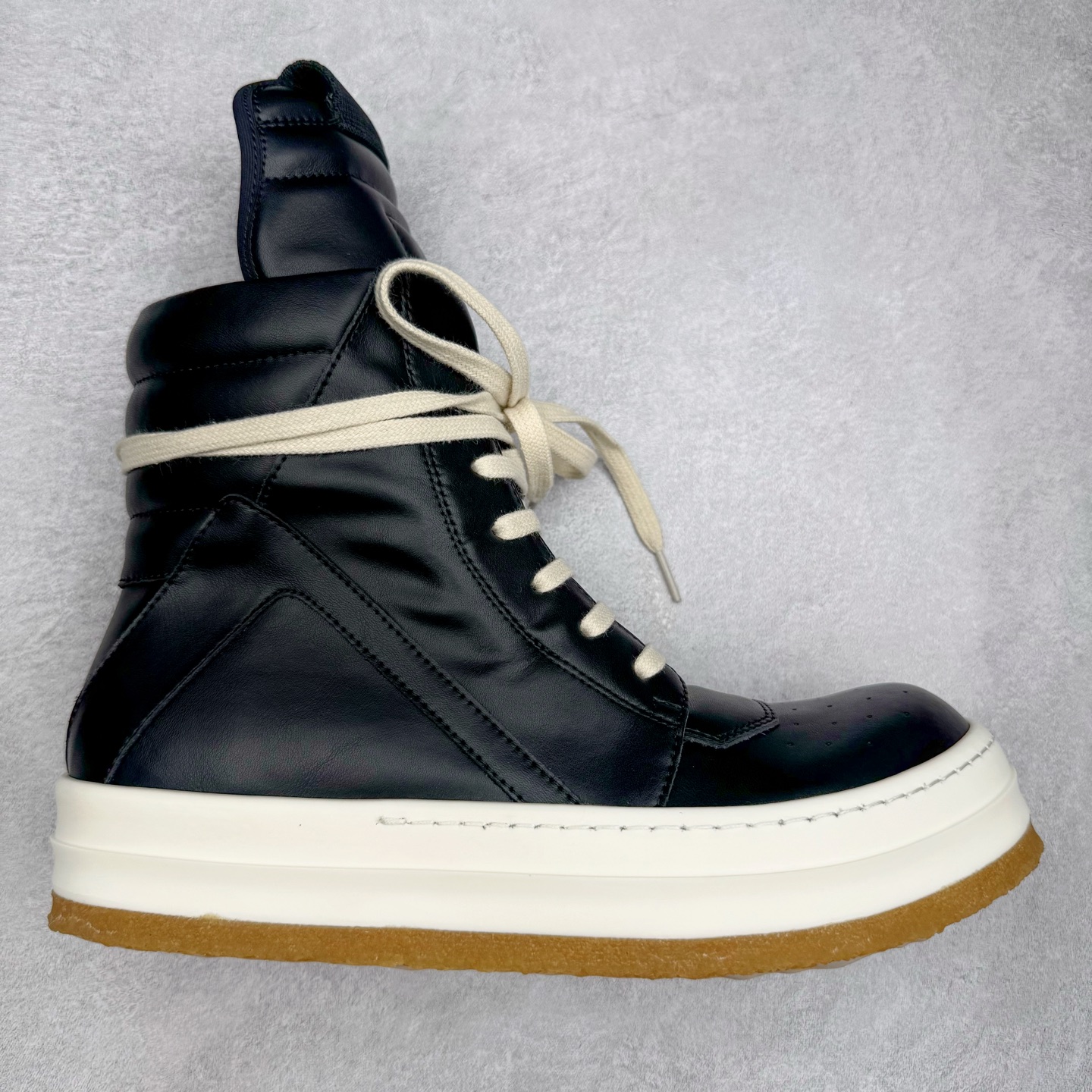 生胶底 RICK OWENS DRKSHDW RO 圆头 高筒  板鞋 休闲鞋 波鞋 男鞋 女鞋 帆布 黑色 皮倒三角 RU02E1801LCO-91