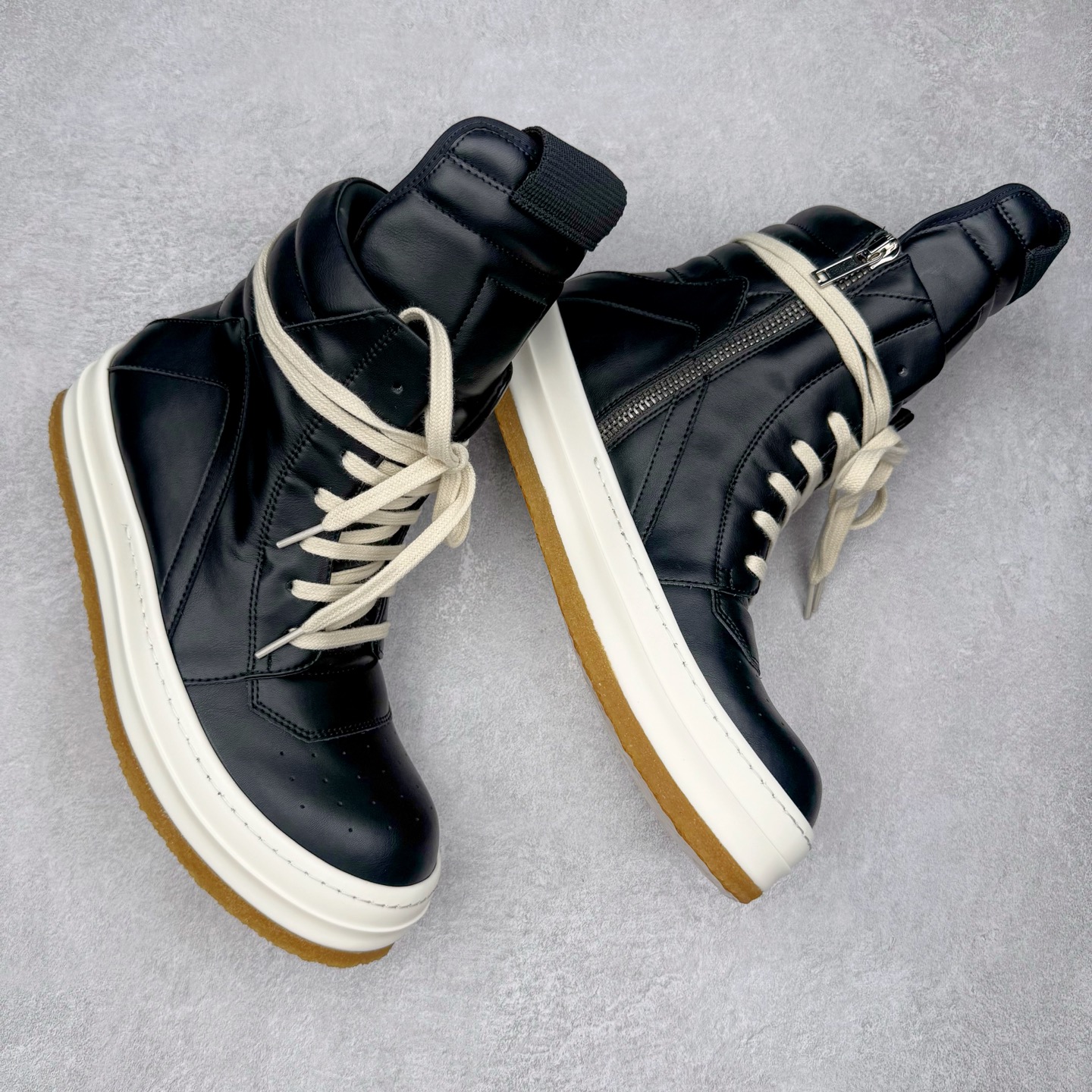 生胶底 RICK OWENS DRKSHDW RO 圆头 高筒  板鞋 休闲鞋 波鞋 男鞋 女鞋 帆布 黑色 皮倒三角 RU02E1801LCO-91