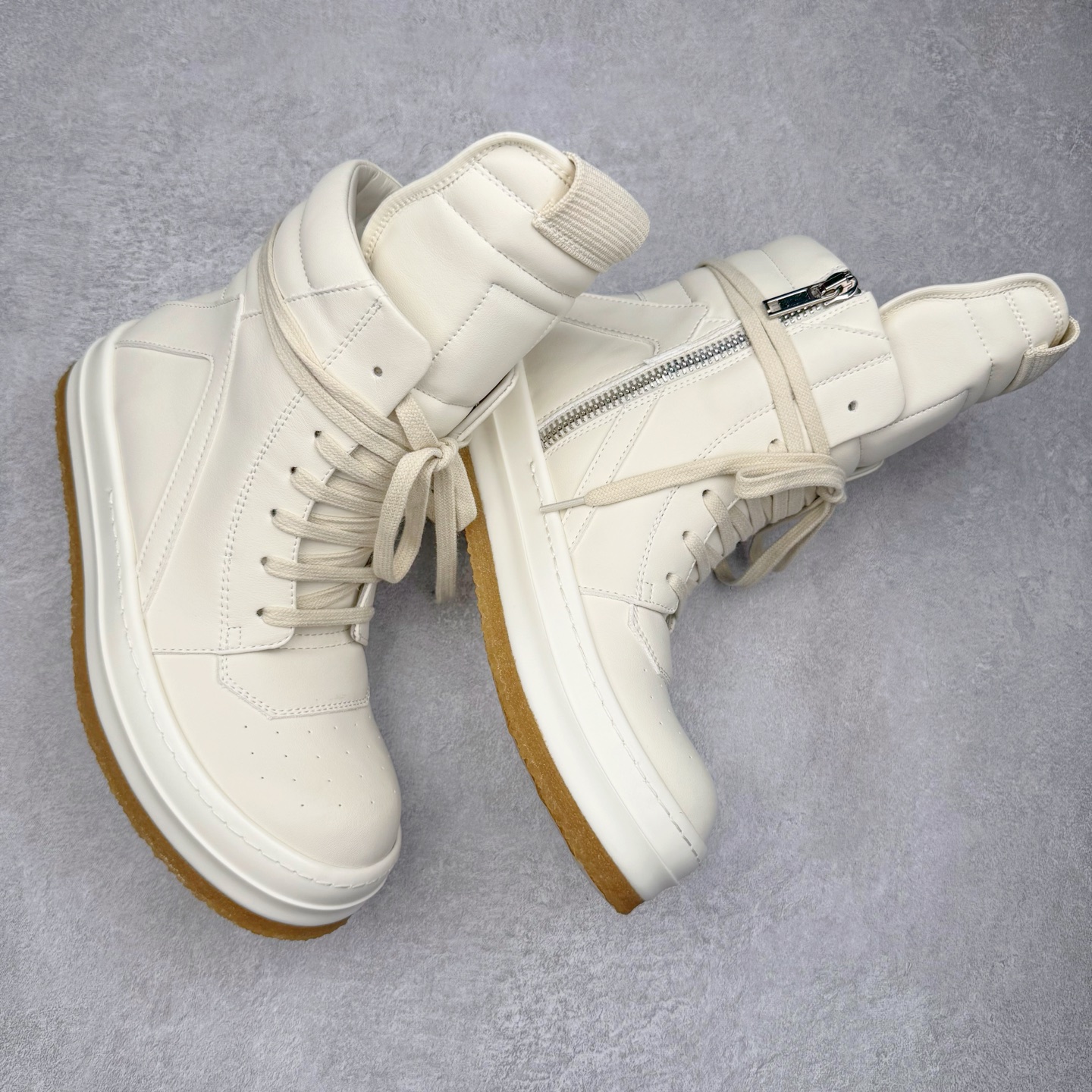 生胶底 RICK OWENS DRKSHDW RO 圆头 高筒  板鞋 休闲鞋 波鞋 男鞋 女鞋 帆布 白色 皮倒三角 RU02E1801LCO-111