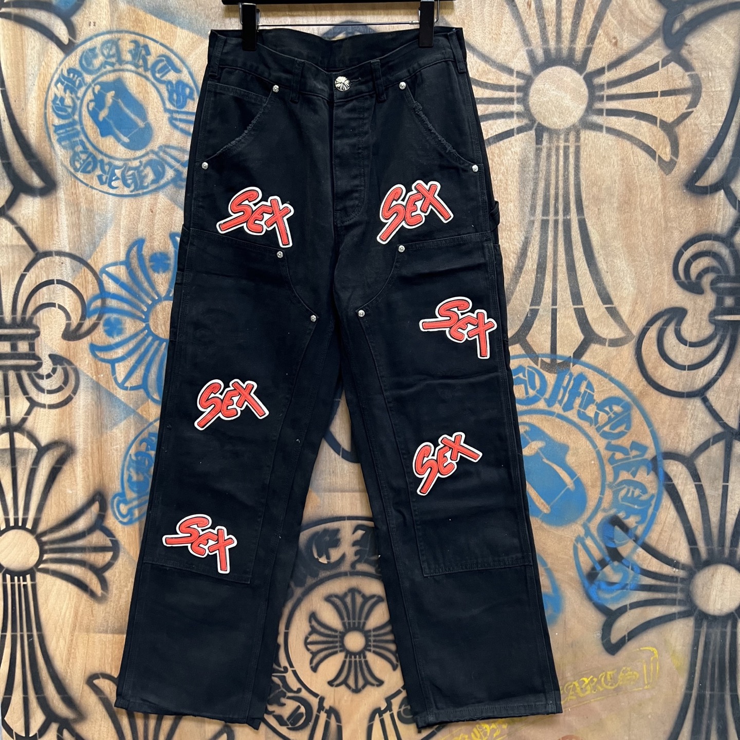 Chrome Hearts 克罗心 高街 字母图案复古 925银 牛皮辅料 水洗 工装 裤子 长裤 黑色