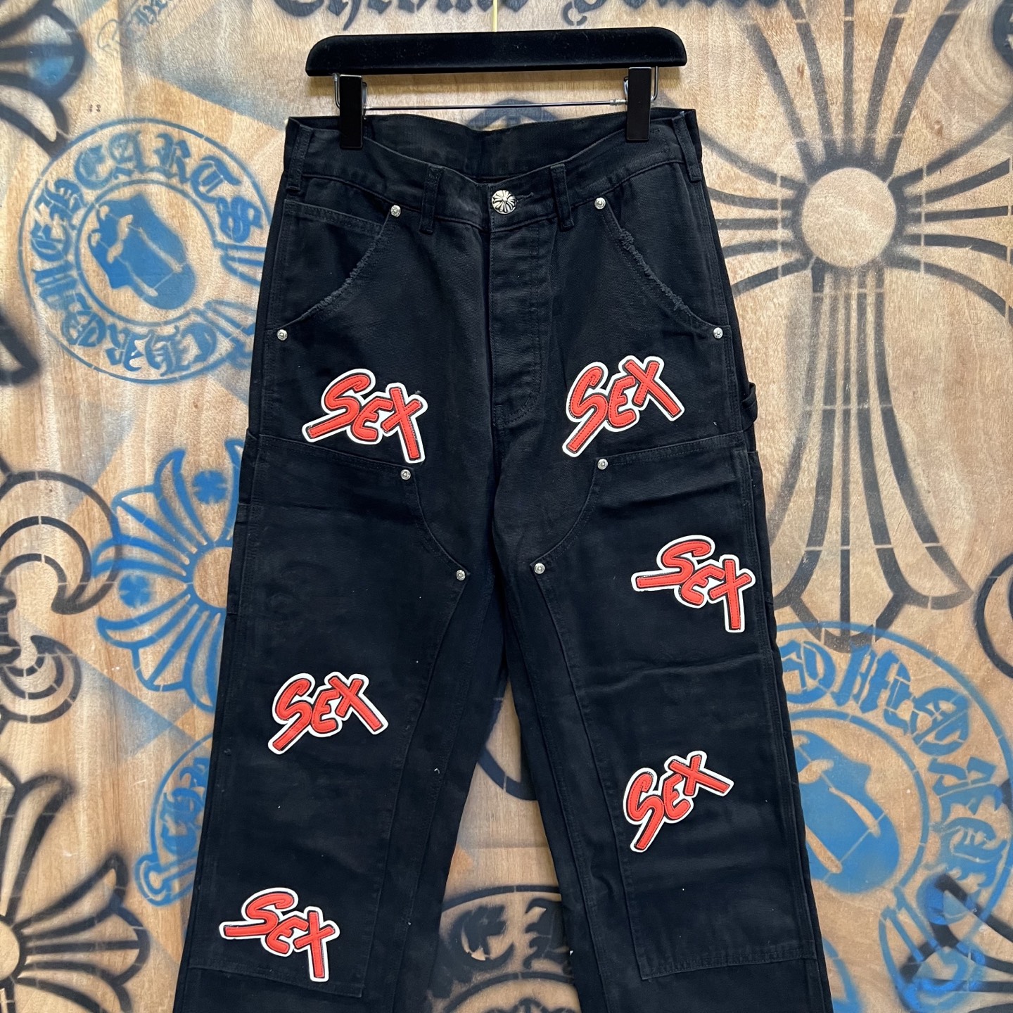 Chrome Hearts 克罗心 高街 字母图案复古 925银 牛皮辅料 水洗 工装 裤子 长裤 黑色