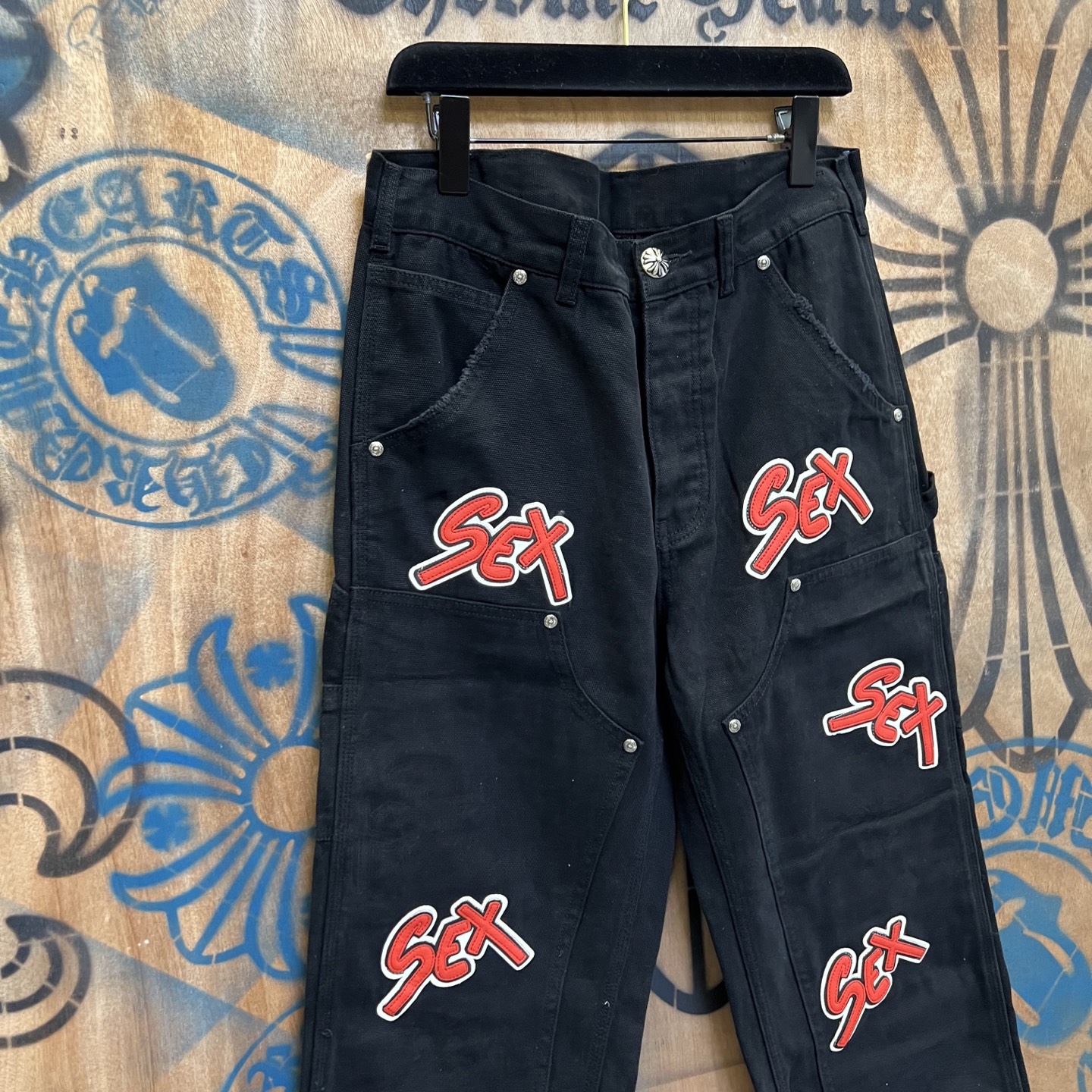 Chrome Hearts 克罗心 高街 字母图案复古 925银 牛皮辅料 水洗 工装 裤子 长裤 黑色