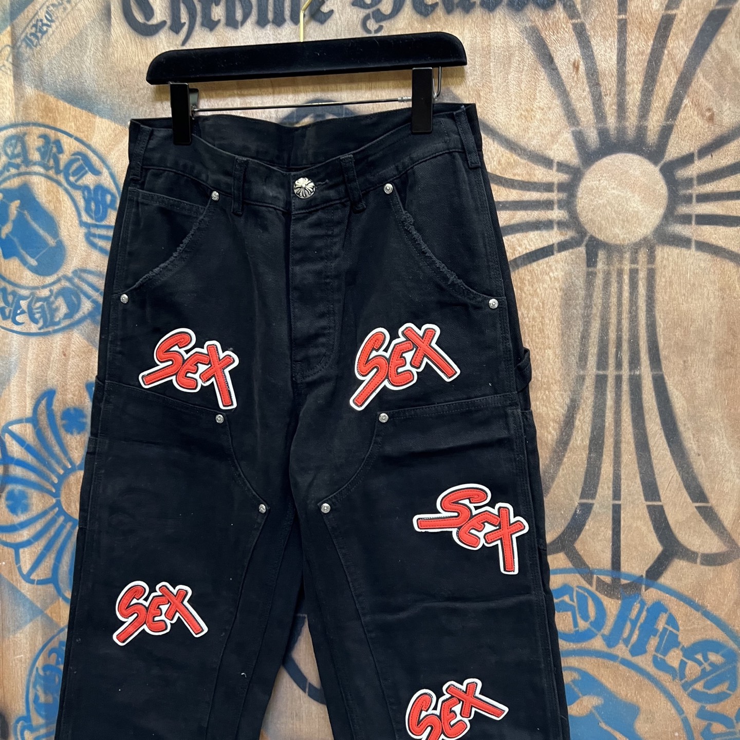 Chrome Hearts 克罗心 高街 字母图案复古 925银 牛皮辅料 水洗 工装 裤子 长裤 黑色