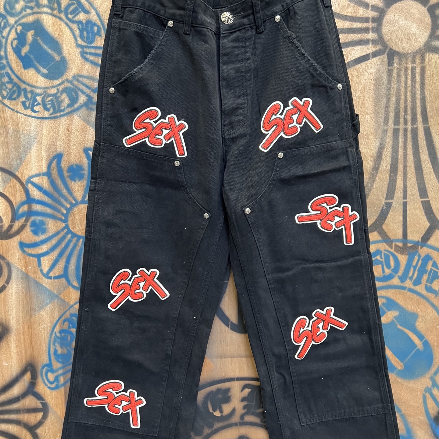 Chrome Hearts 克罗心 高街 字母图案复古 925银 牛皮辅料 水洗 工装 裤子 长裤 黑色