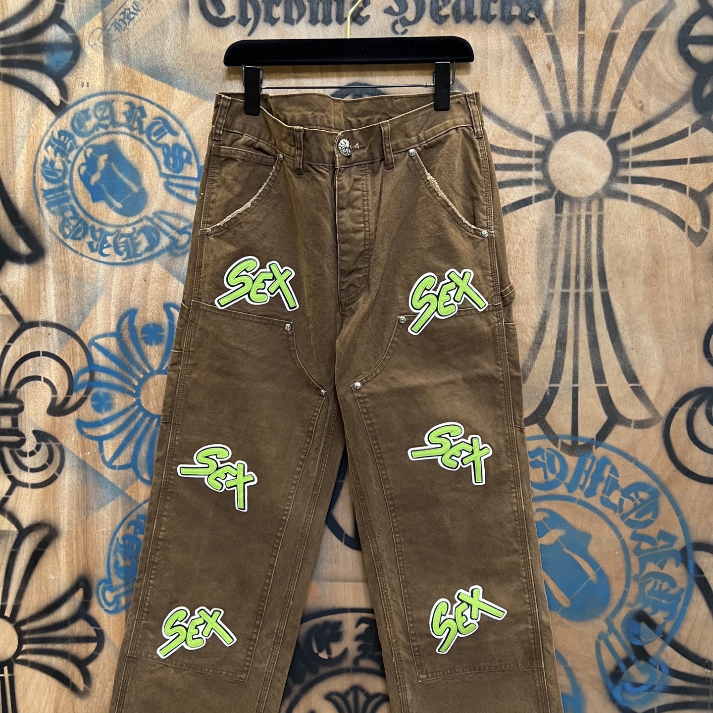 Chrome Hearts 克罗心 高街 字母图案复古 925银 牛皮辅料 水洗 工装 裤子 长裤 棕色绿字