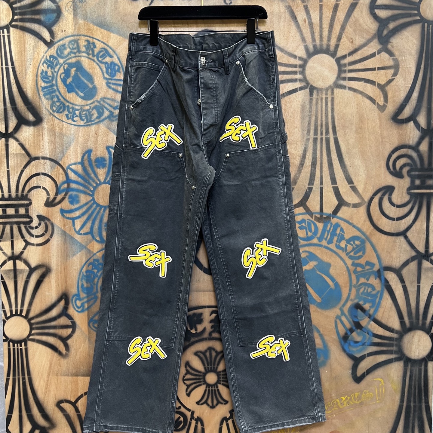 Chrome Hearts 克罗心 高街 字母图案复古 925银 牛皮辅料 水洗 工装 裤子 长裤 水洗黑