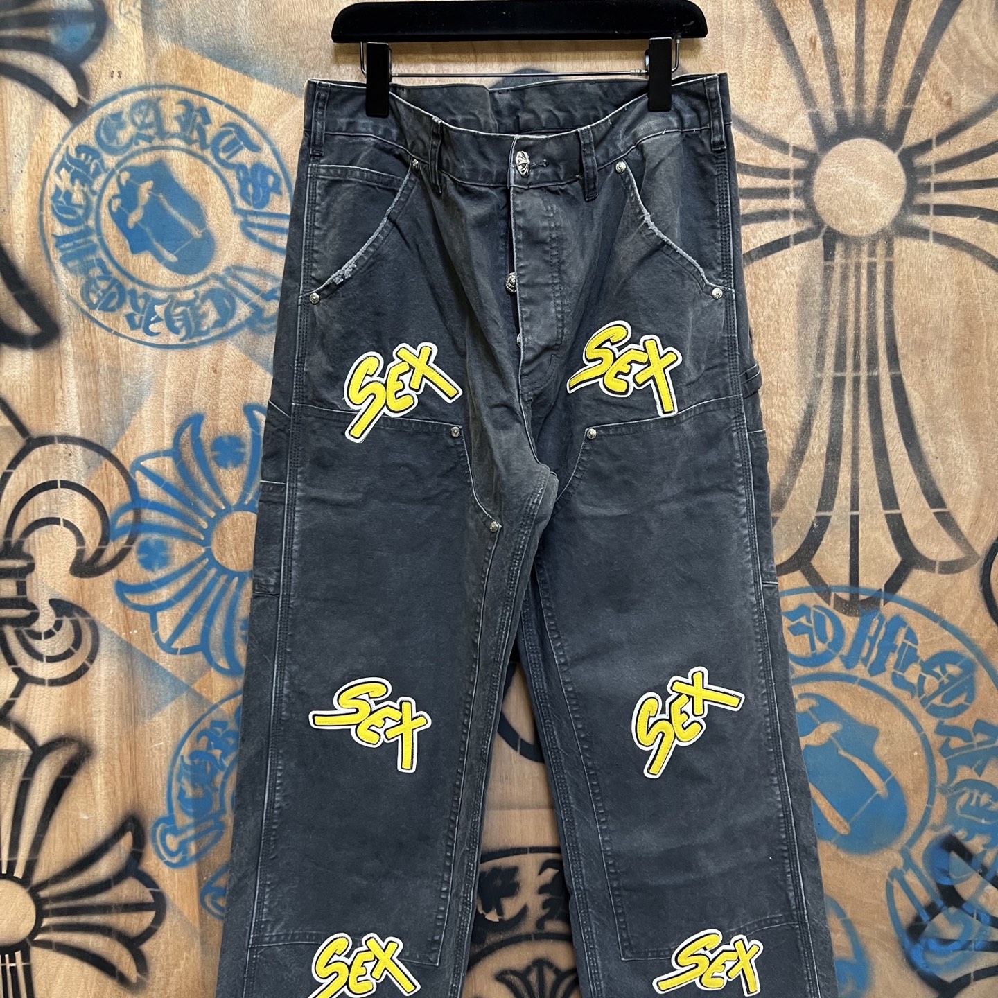 Chrome Hearts 克罗心 高街 字母图案复古 925银 牛皮辅料 水洗 工装 裤子 长裤 水洗黑