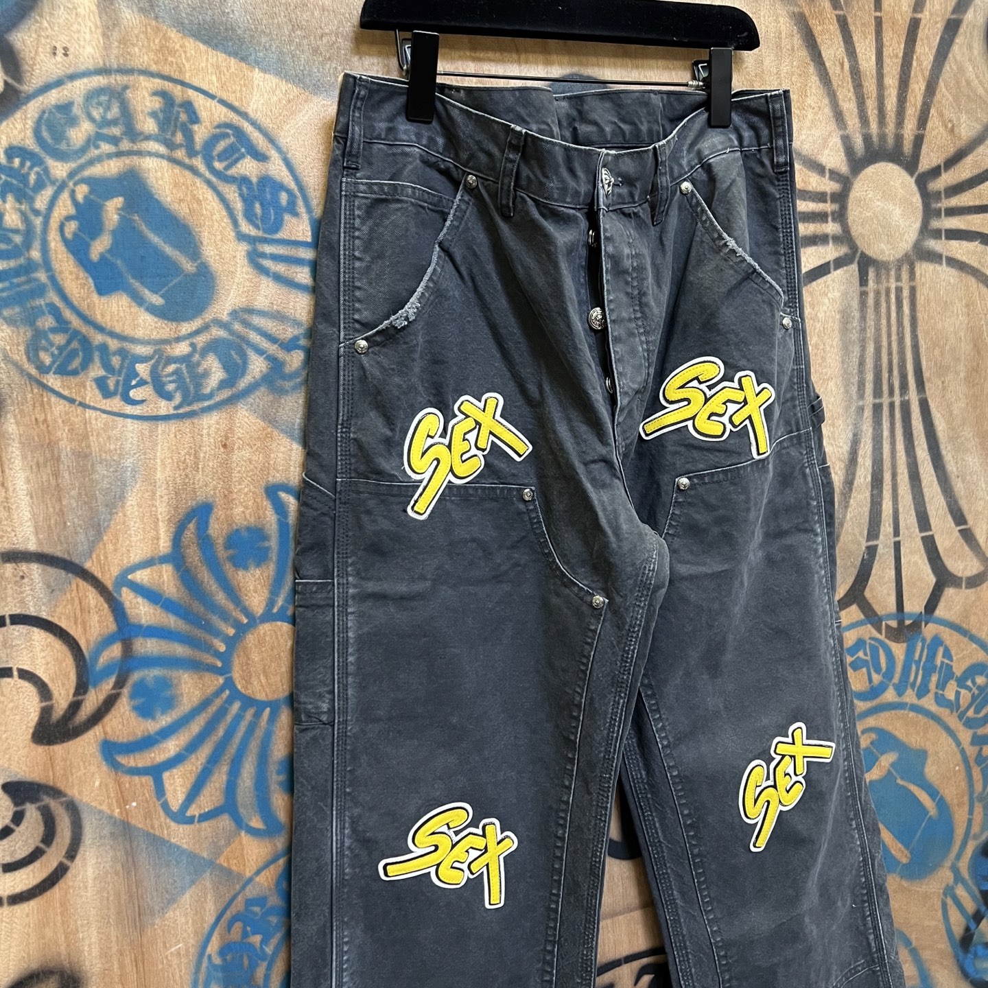 Chrome Hearts 克罗心 高街 字母图案复古 925银 牛皮辅料 水洗 工装 裤子 长裤 水洗黑