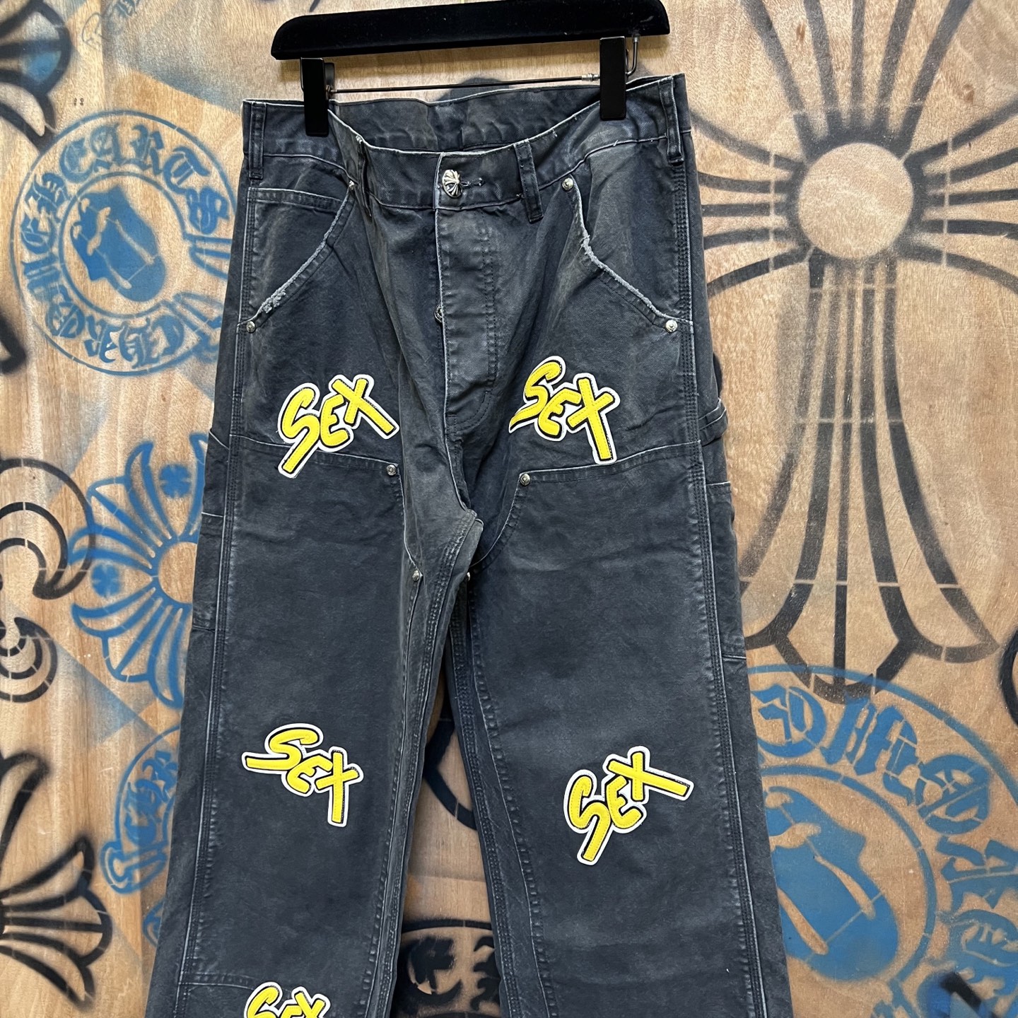 Chrome Hearts 克罗心 高街 字母图案复古 925银 牛皮辅料 水洗 工装 裤子 长裤 水洗黑