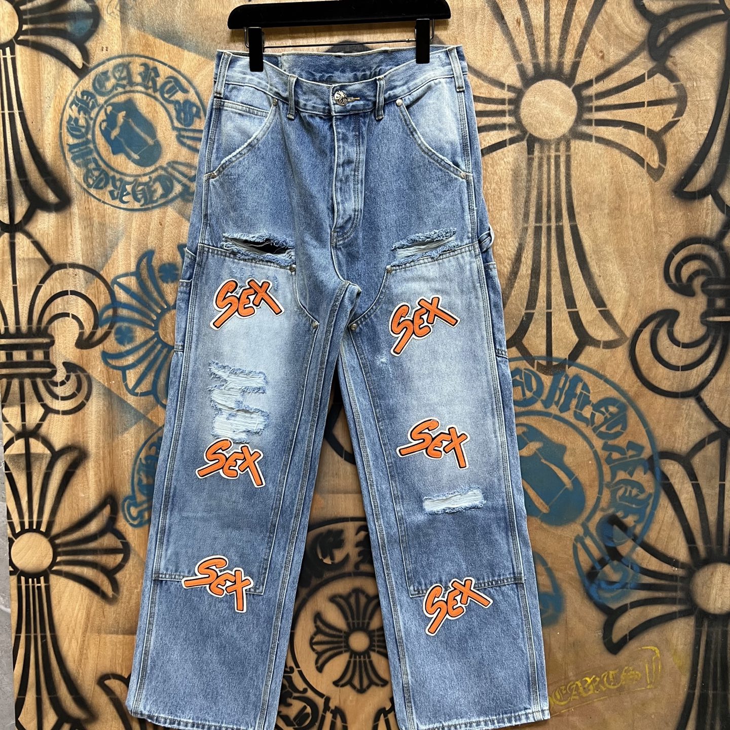 Chrome Hearts 克罗心 高街 字母图案复古 925银 牛皮辅料 水洗 工装 裤子 长裤 水洗蓝