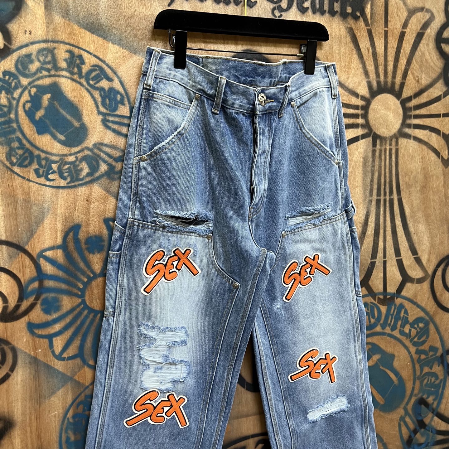 Chrome Hearts 克罗心 高街 字母图案复古 925银 牛皮辅料 水洗 工装 裤子 长裤 水洗蓝