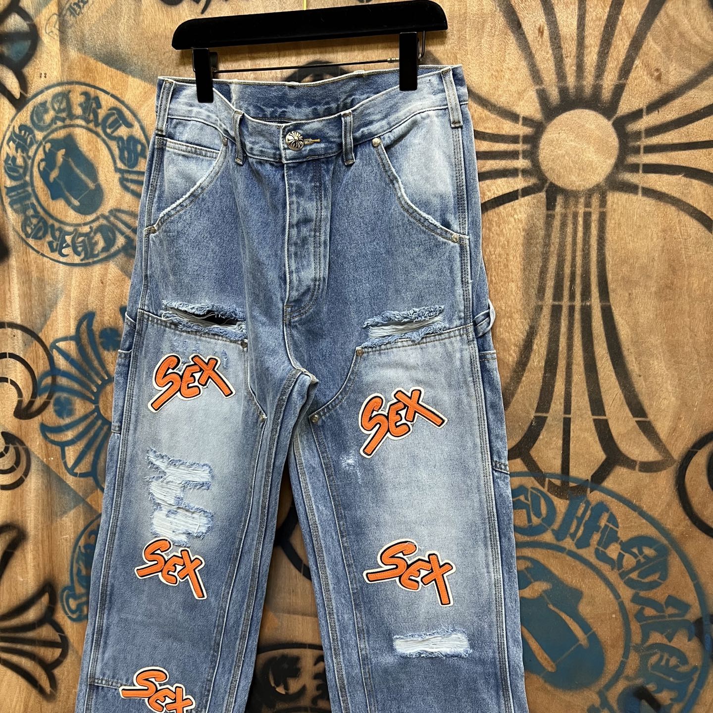 Chrome Hearts 克罗心 高街 字母图案复古 925银 牛皮辅料 水洗 工装 裤子 长裤 水洗蓝