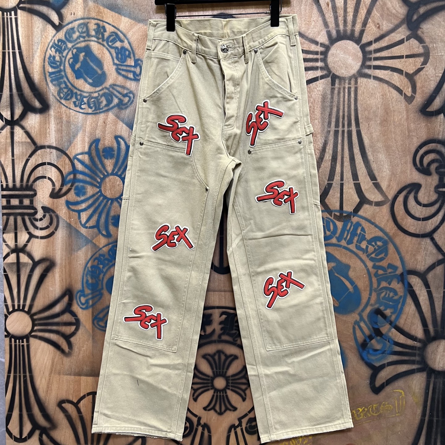 Chrome Hearts 克罗心 高街 字母图案复古 925银 牛皮辅料 水洗 工装 裤子 长裤 卡其红字