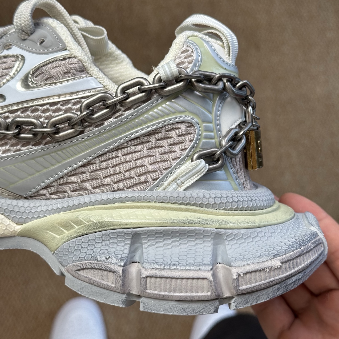 Balenciaga 巴黎世家 3XL链条挂锁 綁帶 网布 系带 做旧 低筒 老爹鞋 运动 复古板鞋 休闲鞋 男鞋 女鞋 灰白 