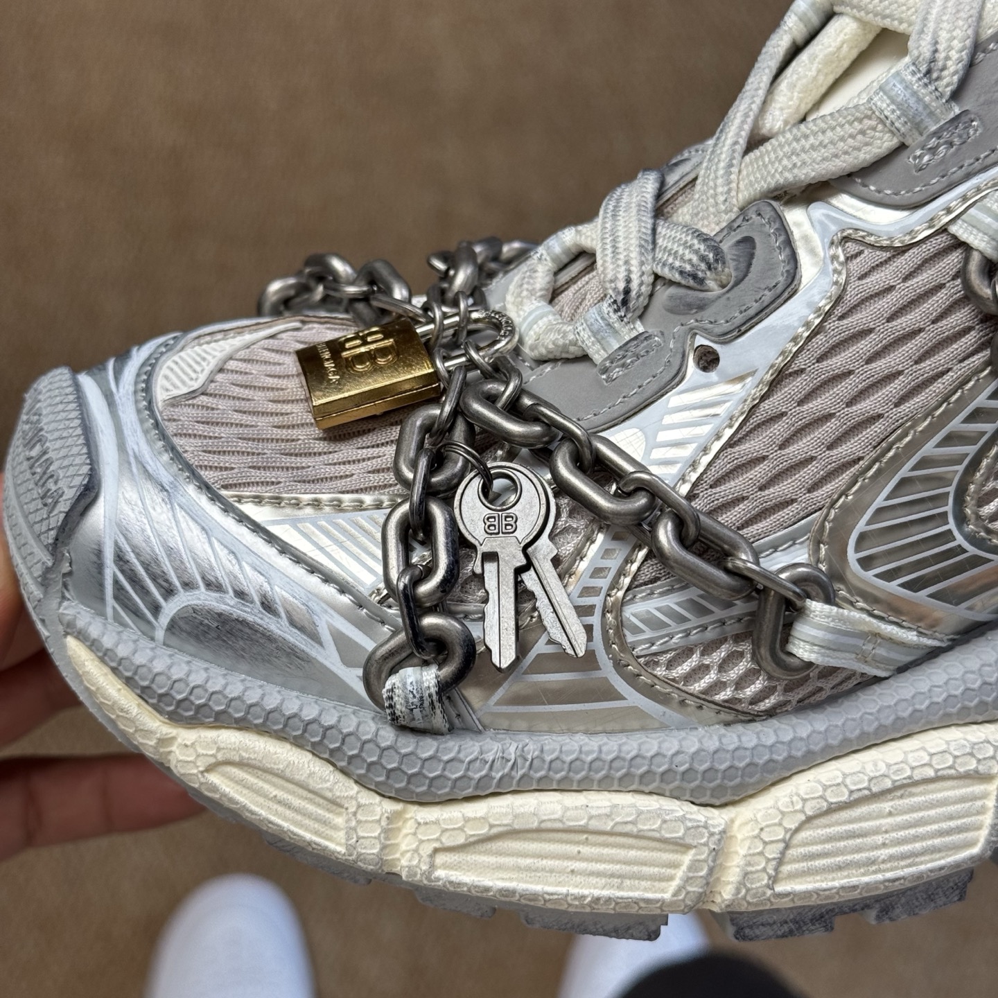 Balenciaga 巴黎世家 3XL链条挂锁 綁帶 网布 系带 做旧 低筒 老爹鞋 运动 复古板鞋 休闲鞋 男鞋 女鞋 灰白 