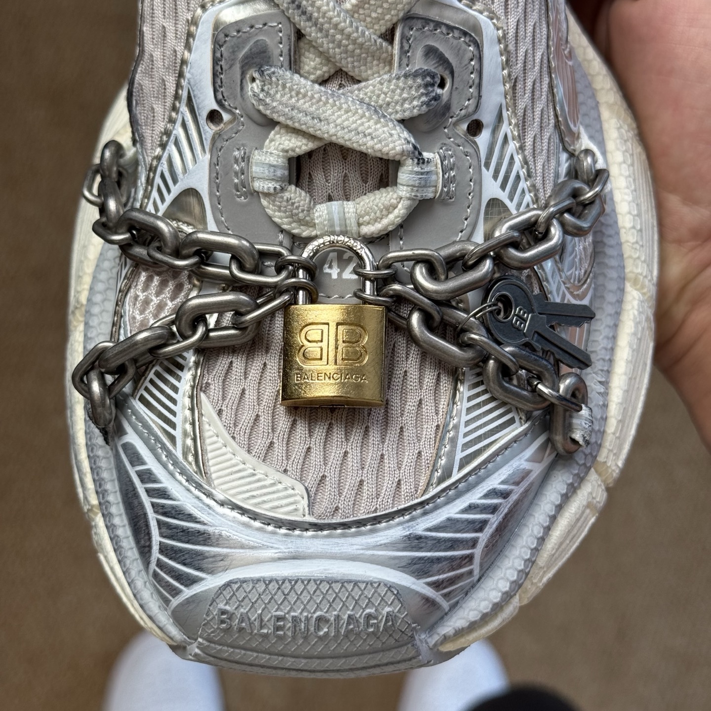 Balenciaga 巴黎世家 3XL链条挂锁 綁帶 网布 系带 做旧 低筒 老爹鞋 运动 复古板鞋 休闲鞋 男鞋 女鞋 灰白 