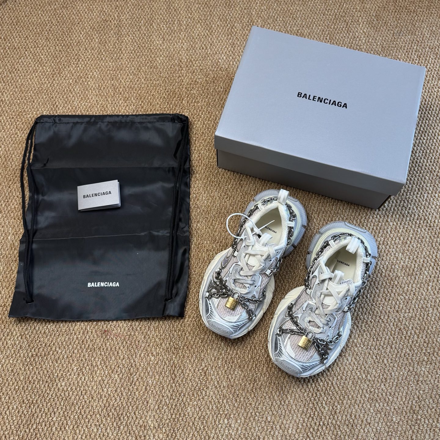 Balenciaga 巴黎世家 3XL链条挂锁 綁帶 网布 系带 做旧 低筒 老爹鞋 运动 复古板鞋 休闲鞋 男鞋 女鞋 灰白 