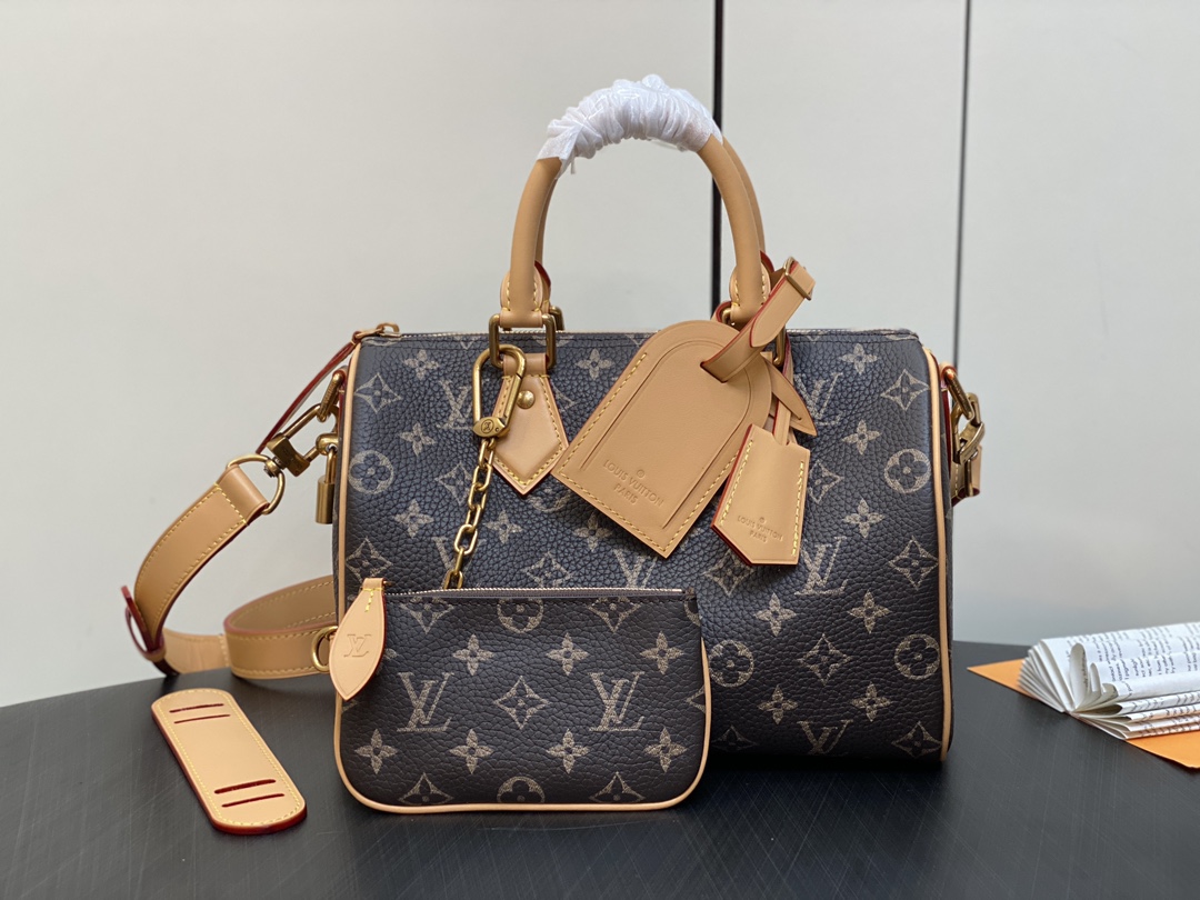 LOUIS VUITTON 路易威登 LV Speedy 25 可拆卸肩带 LV牛皮革 斜挎包 单肩包 双肩包 水桶 手提包 棕色 M24443