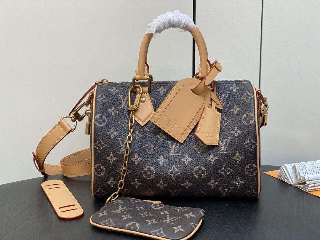 LOUIS VUITTON 路易威登 LV Speedy 25 可拆卸肩带 LV牛皮革 斜挎包 单肩包 双肩包 水桶 手提包 棕色 M24443