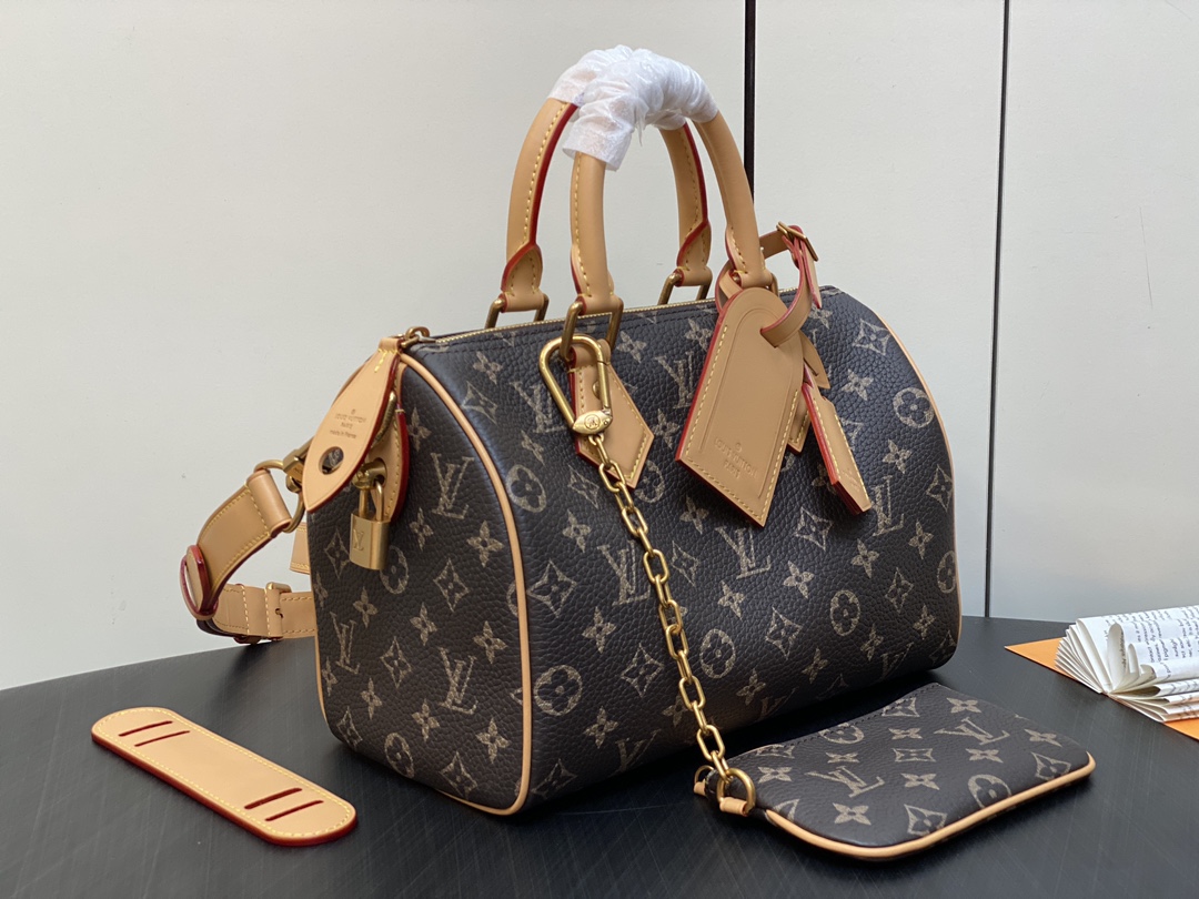 LOUIS VUITTON 路易威登 LV Speedy 25 可拆卸肩带 LV牛皮革 斜挎包 单肩包 双肩包 水桶 手提包 棕色 M24443