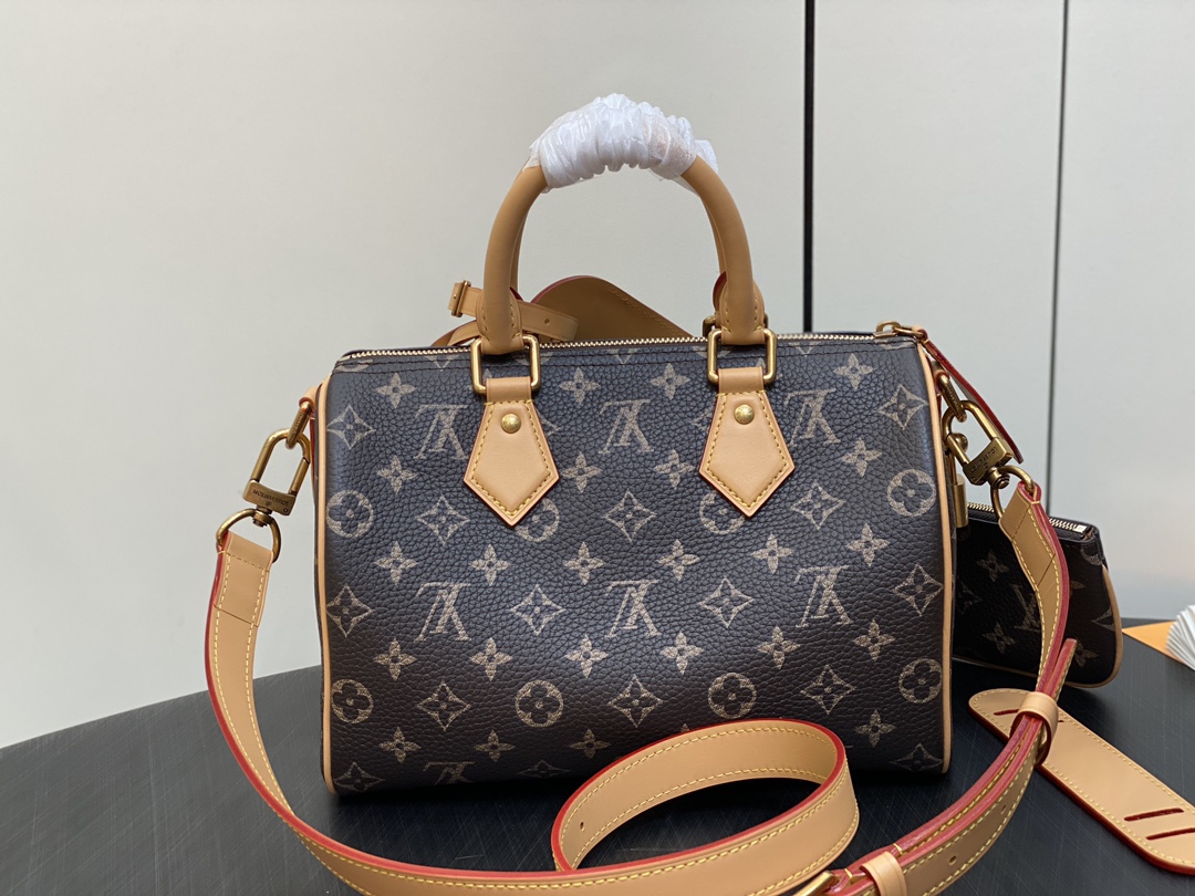 LOUIS VUITTON 路易威登 LV Speedy 25 可拆卸肩带 LV牛皮革 斜挎包 单肩包 双肩包 水桶 手提包 棕色 M24443
