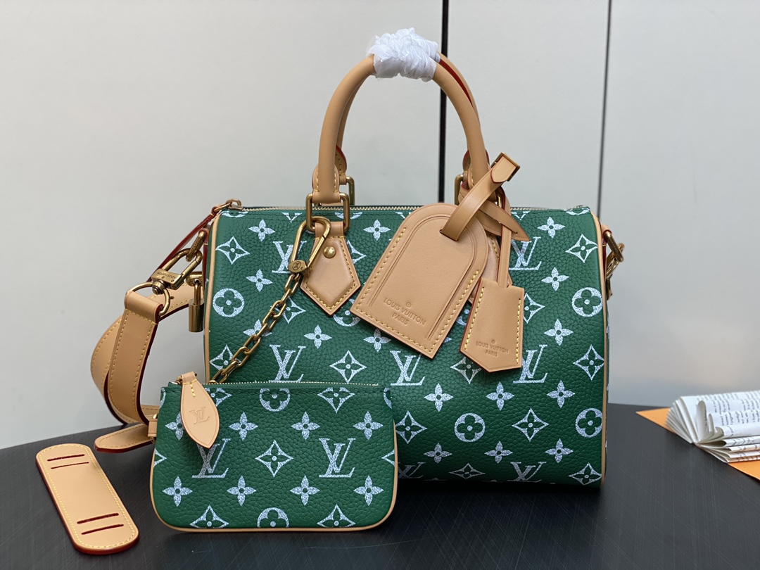 LOUIS VUITTON 路易威登 LV Speedy 25 可拆卸肩带 LV牛皮革 斜挎包 单肩包 双肩包 水桶 手提包 绿色 M24423